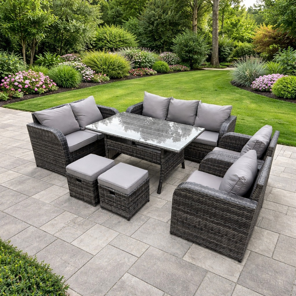 Rackhams Dark/Grey 9 Seater Rattan Garden Furniture Set With 2 Reclining Chairs, 2 Sofas, Dining Table & 2 Footstools