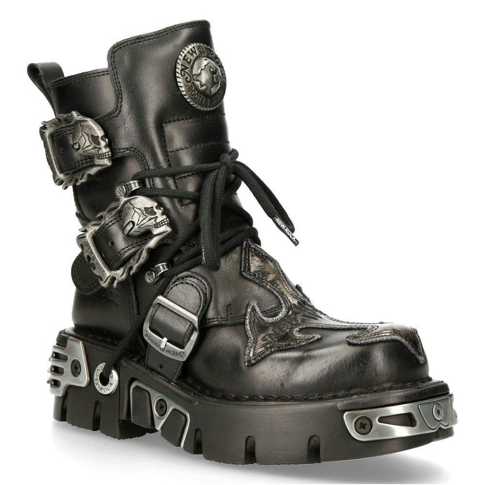 New Rock Silver/Black Cross Leather Biker Boots-407-S1 - Uk 7 | Eu 41 | Us 9.5