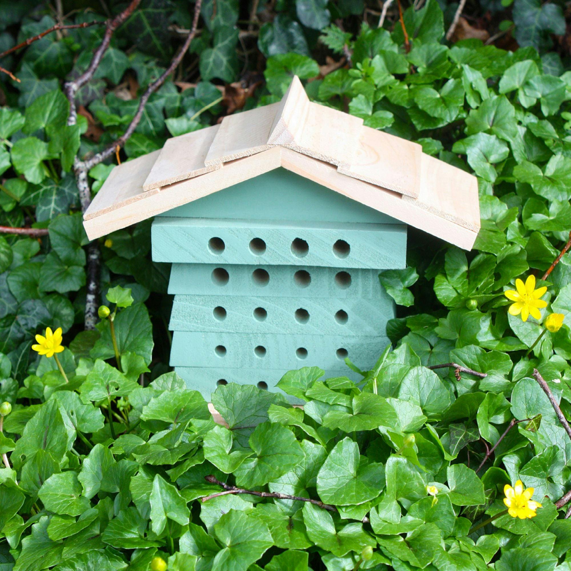 Rackhams Green Wooden Bee House Insect Habitat With Multi-Hole Nesting Blocks