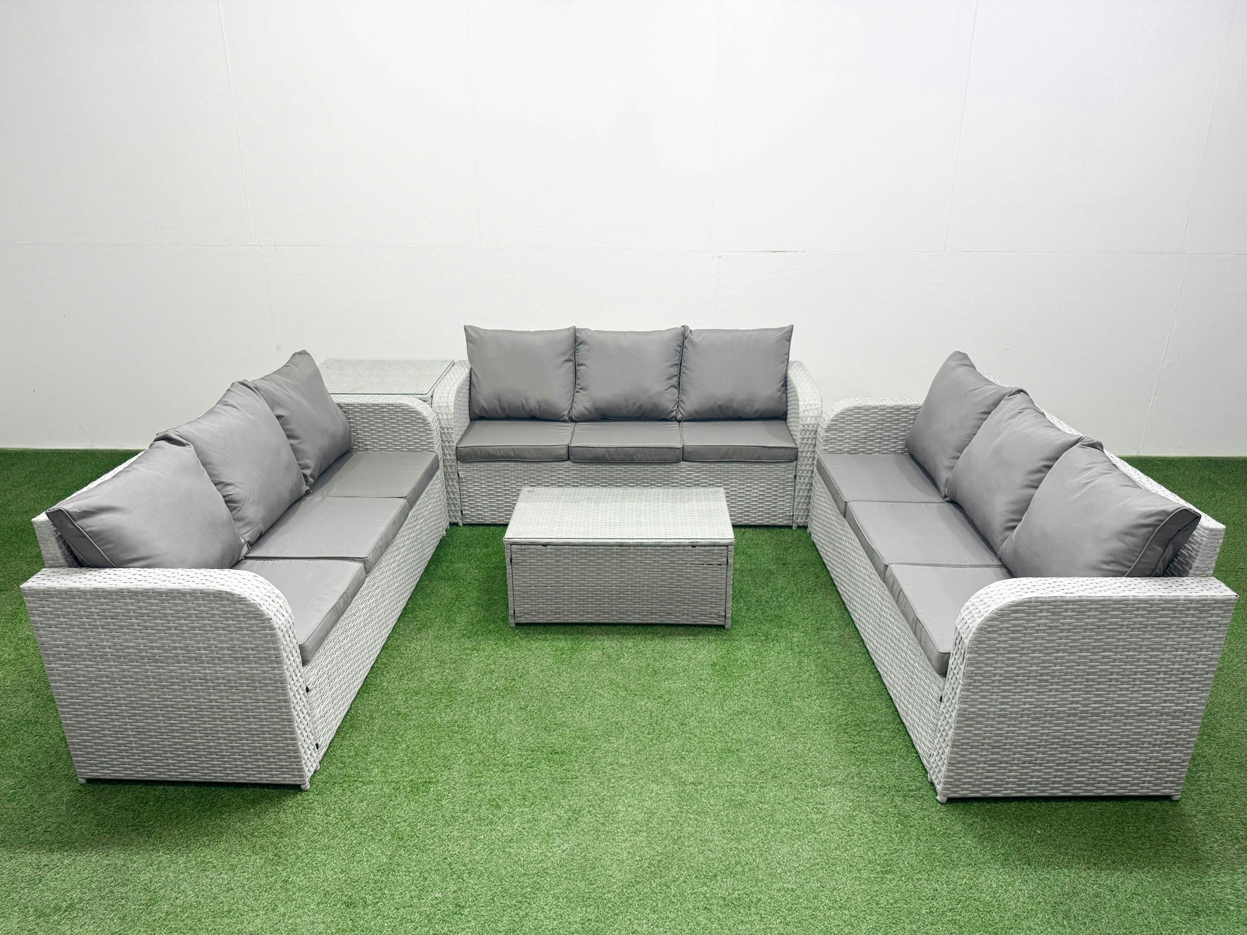 Fimous Light/Grey Pe Rattan Lounge Sofa Set 9 Seater Outdoor Garden Furniture Set With Rectangular Coffee Table 3 Seater Sofa Side Table