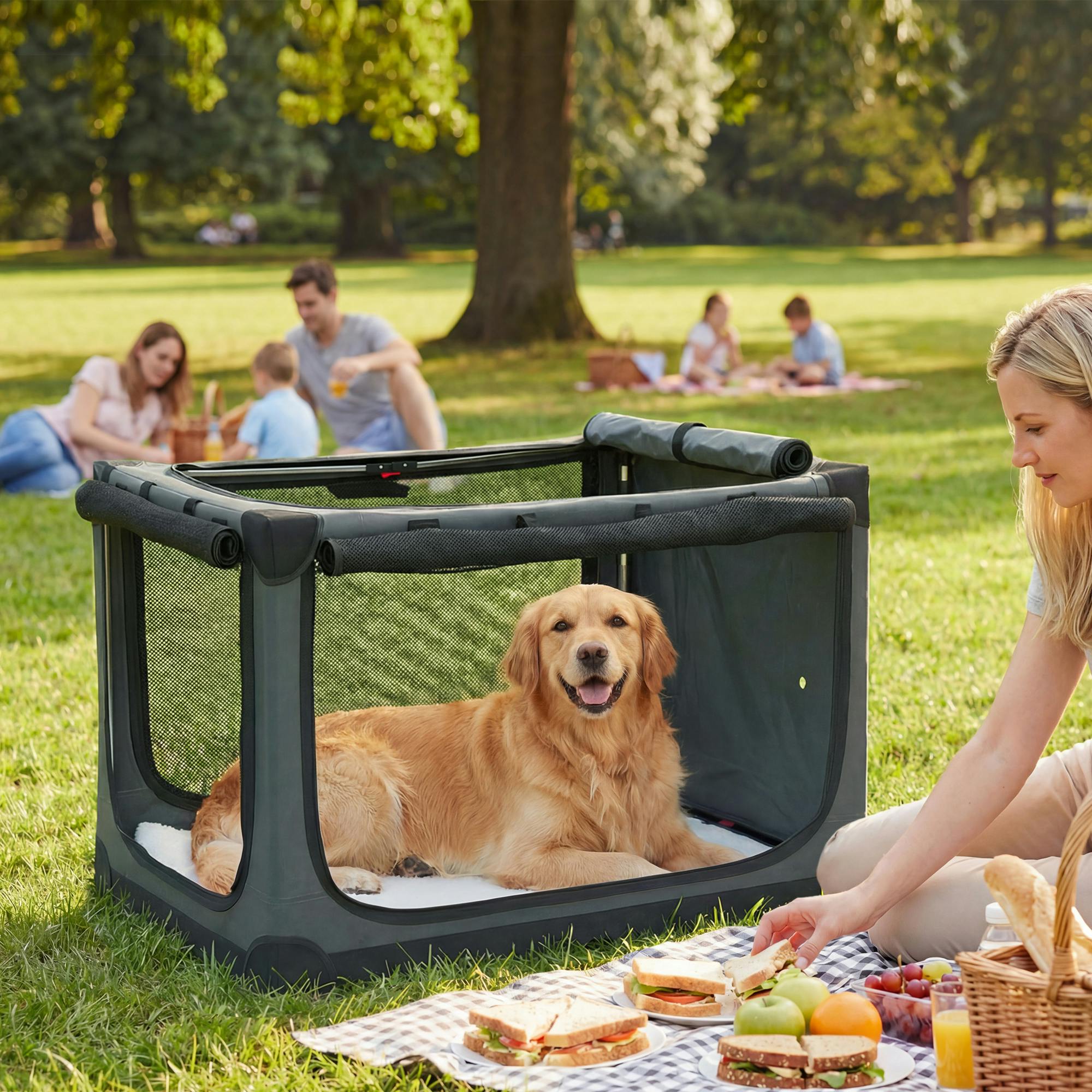 Pawhut Green Collapsible Dog Crate Portable Pet Travel Carrier 90 X 64 X 64 Cm - 1 - Army - 600D Oxford Cloth, Stainless Steel