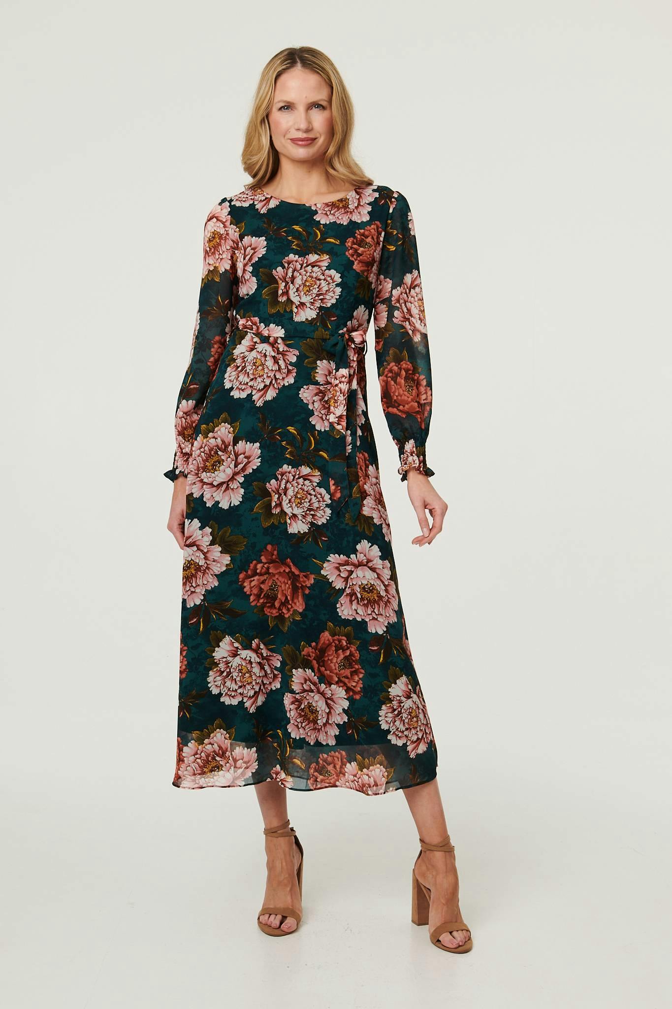 Izabel London Green Floral Long Sleeve Layered Maxi Dress - 8