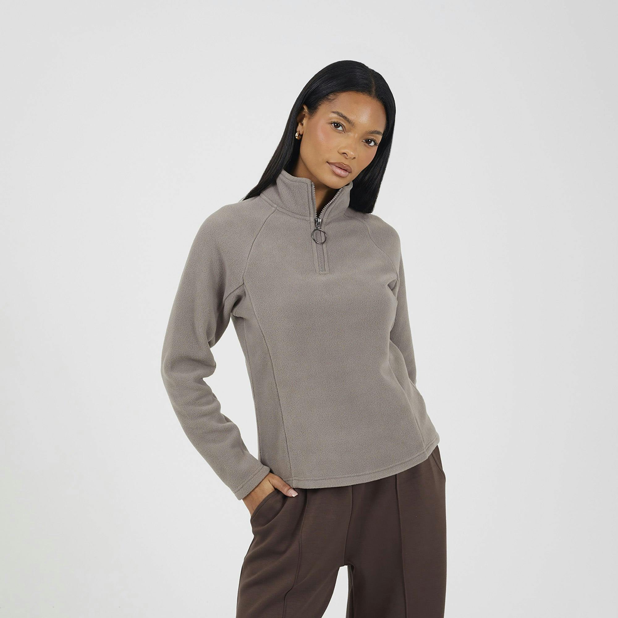 Brave Soul Women's Brown Quarter Zip Polar Fleece Sweatshirt - S