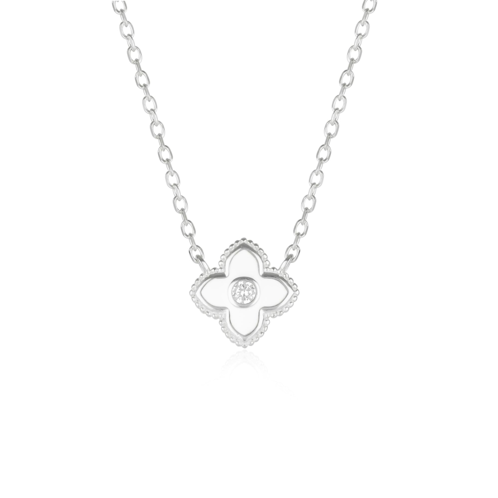 Spero London White/Silver Enamel Four Leaf Clover Necklace With Gemstone In Sterling