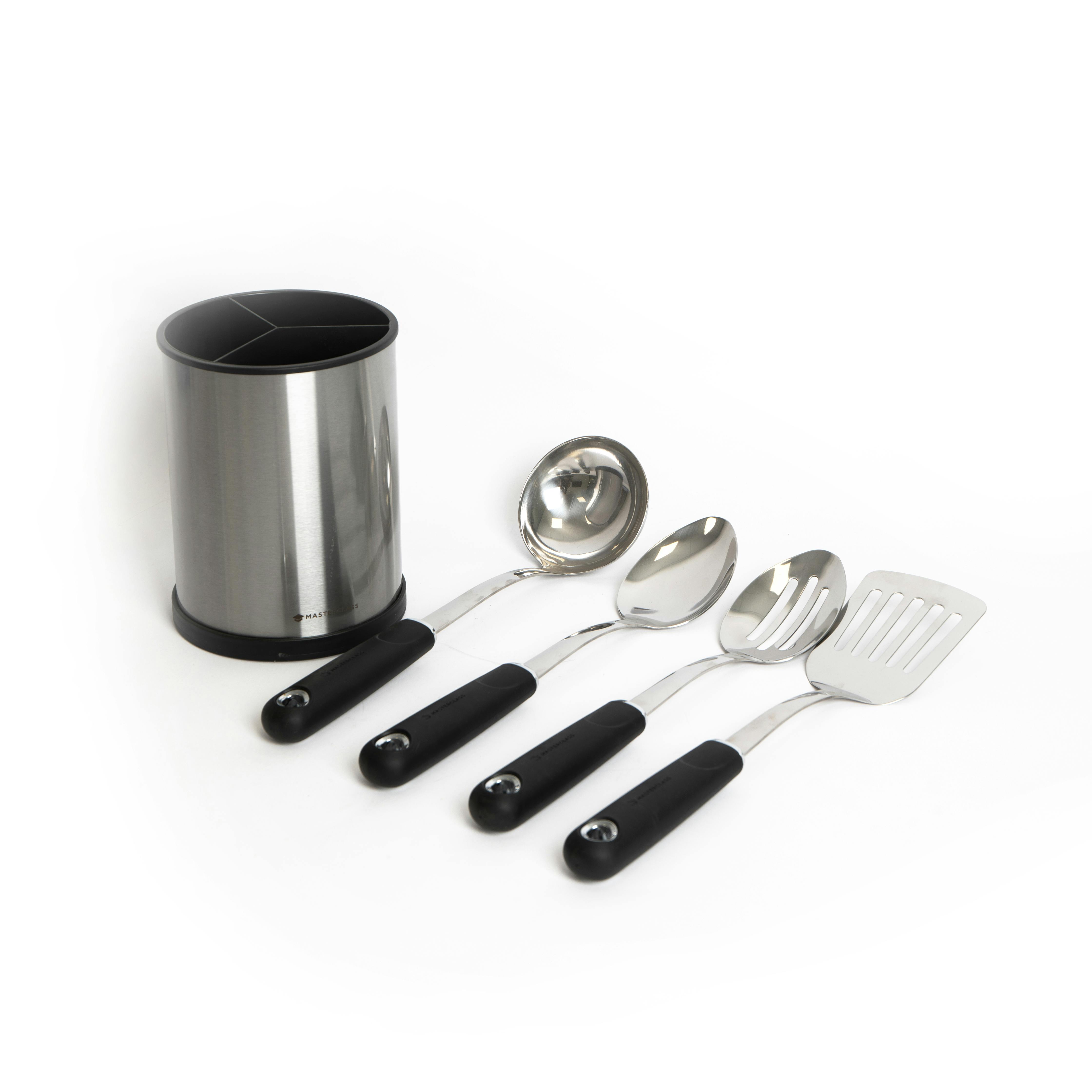 Rackhams Blue 5Pc Stainless Steel Utensil Set With Cooking Spoon, Slotted Spoon, Slotted Turner, Ladle And Utensil Holder - Stainless Steel - Utensils