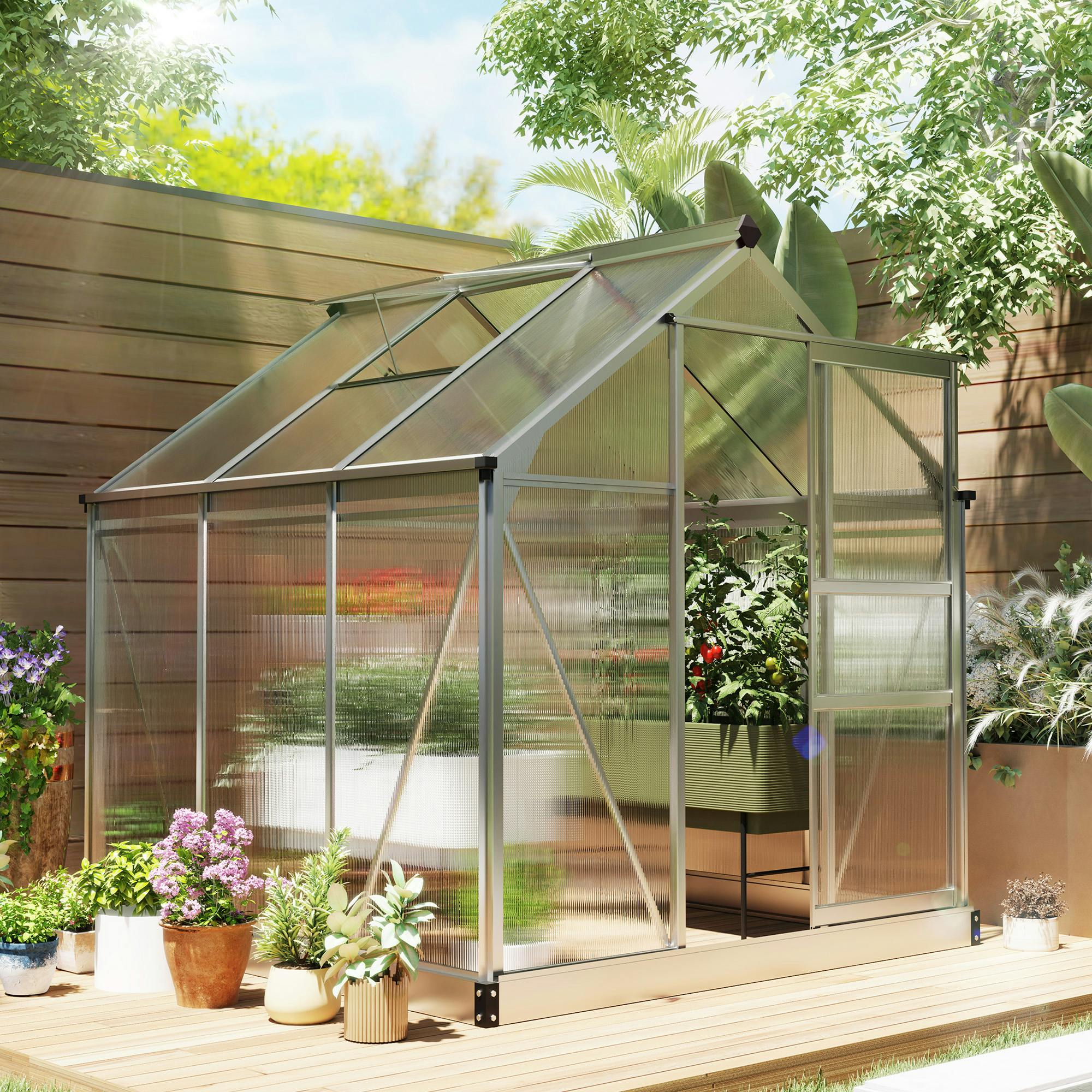 Rackhams Silver Walk-In Polycarbonate Greenhouse Plant Grow Galvanized Aluminium - 192L X 190W X 201H Cm