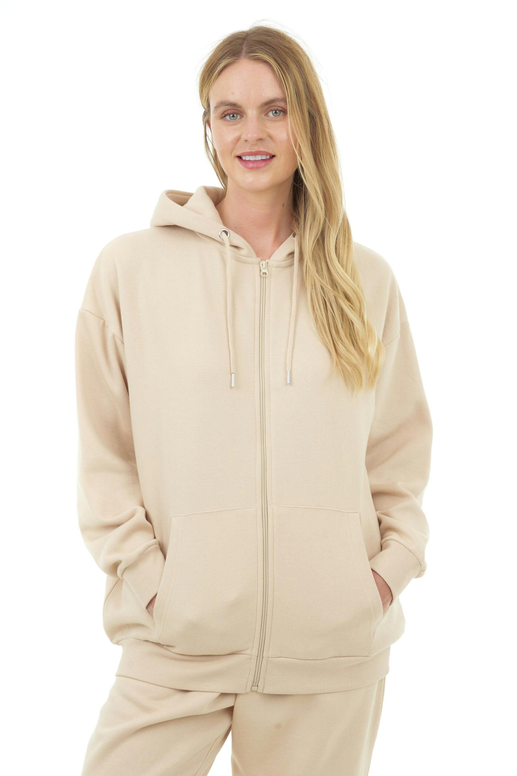Smart Living Women's Basic Oversized Zip Through Hoodie - Stone - Xs