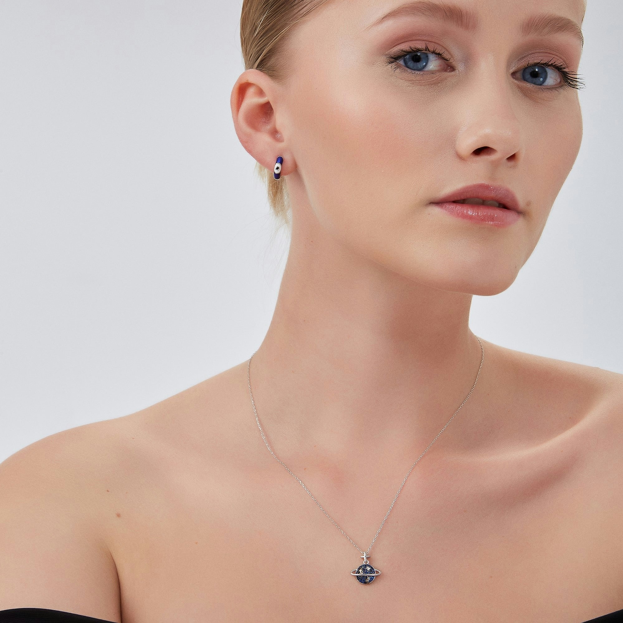 Spero London Blue/Silver Jewelled Saturn Necklace Sterling