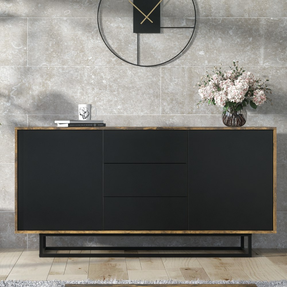 Mex Furniture Black Loft Retro Industrial Vintage Oak Tv Unit 140Cm