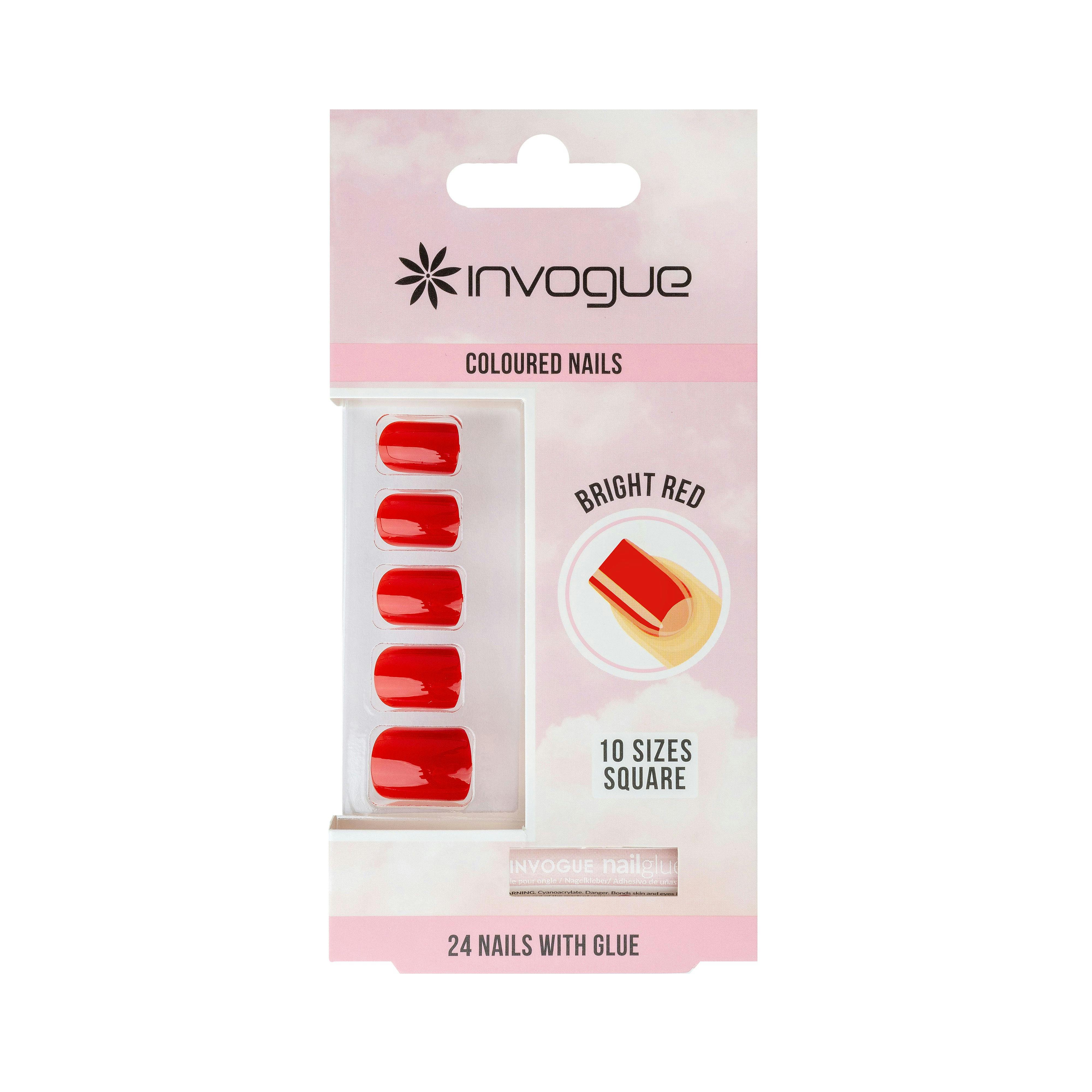 Invogue False Nails with Glue Included - Square Medium Length - Bright Red - Image 4