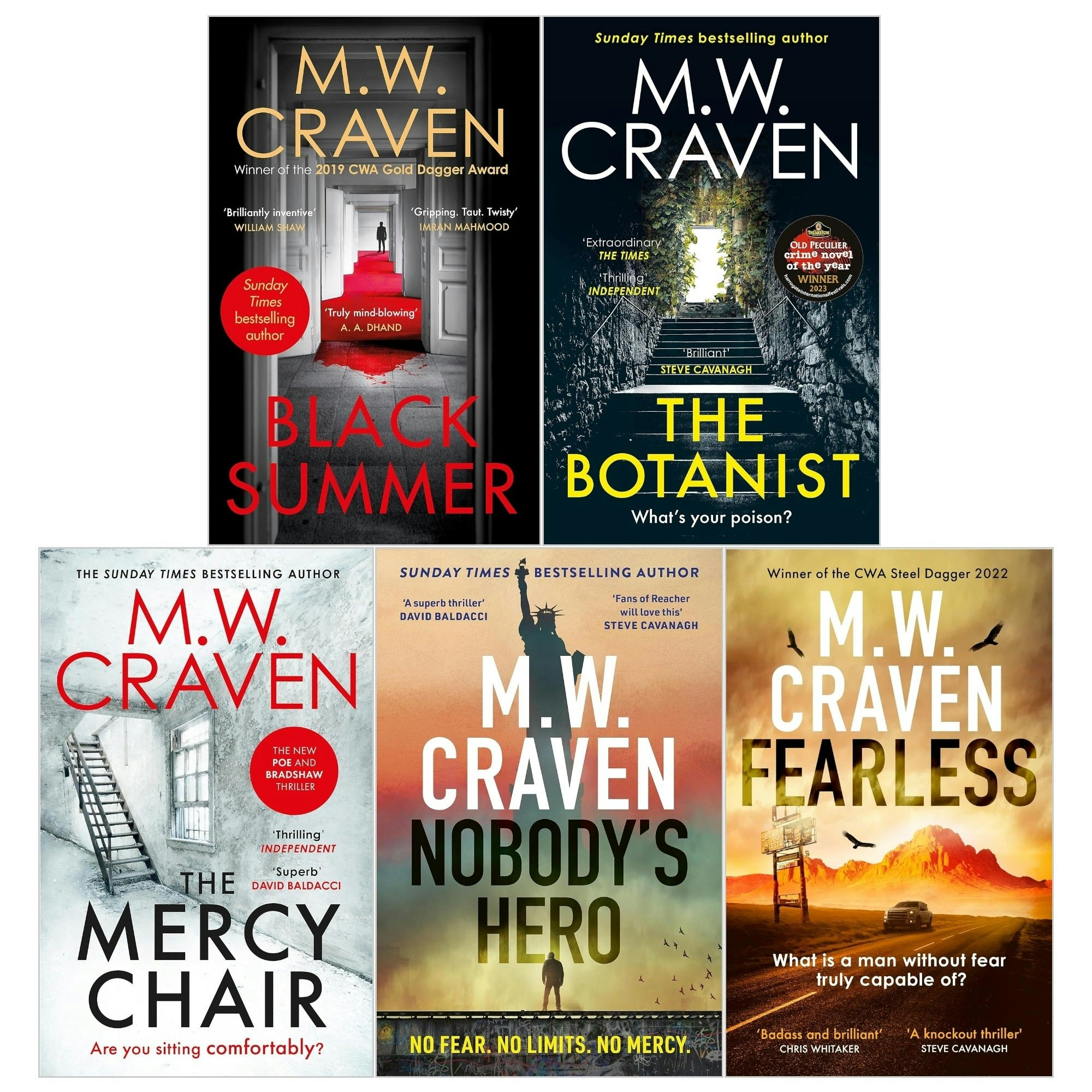 Various Publishers Black Washington Poe And Ben Koenig Series 5 Books Collection Set By M W Craven ( Summer, The Botanist, The Mercy Chair, Fearless, Nobody's Hero)