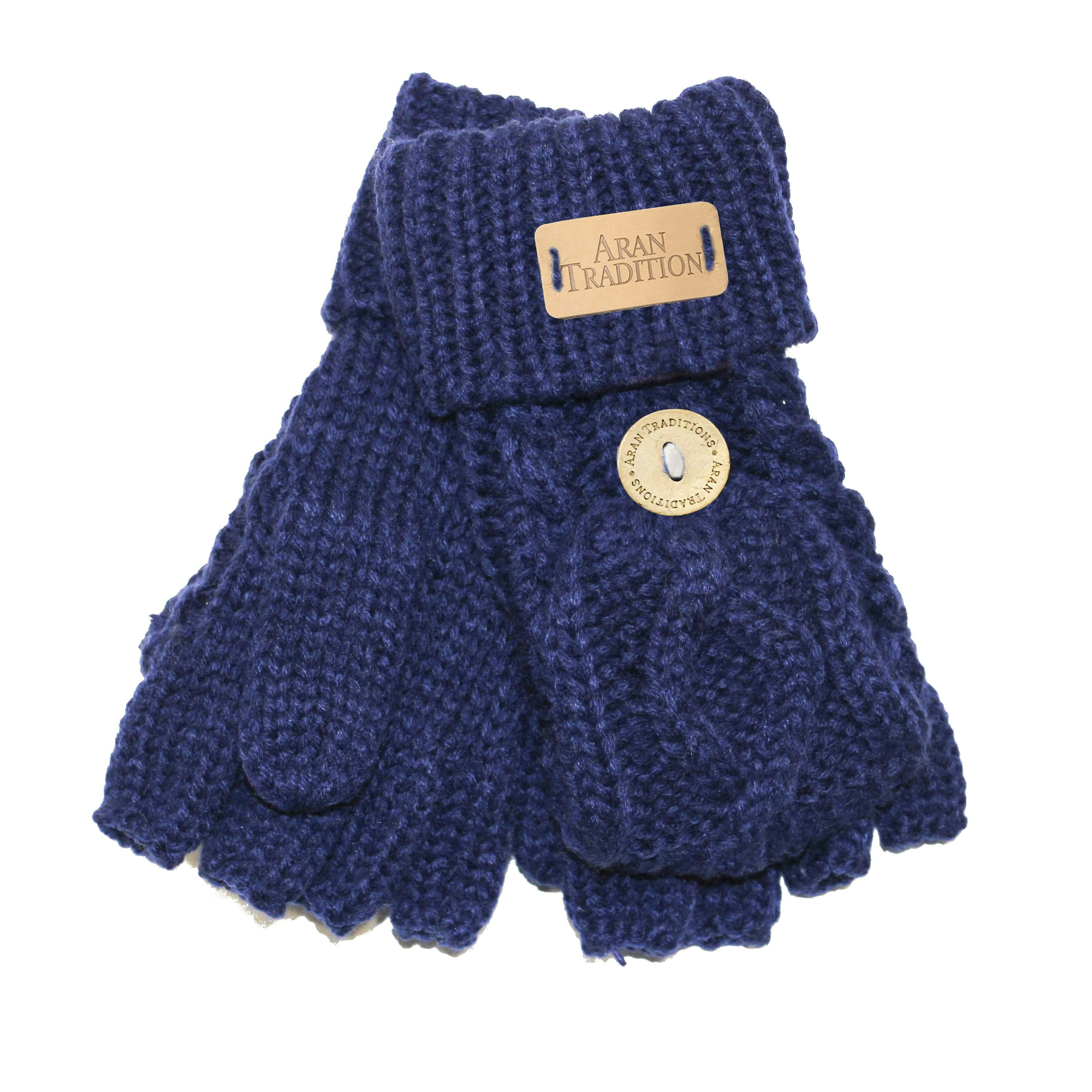 Aran Traditions Aran Junior Cable Fold-Over Mittens - 7-9Yrs - Navy Mix