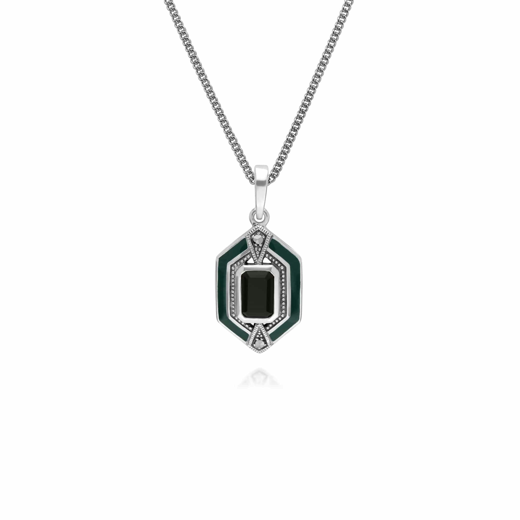 Gemondo Onyx/Silver Art Deco Style Octagon Marcasite & Enamel Hexagon Pendant In 925 Sterling