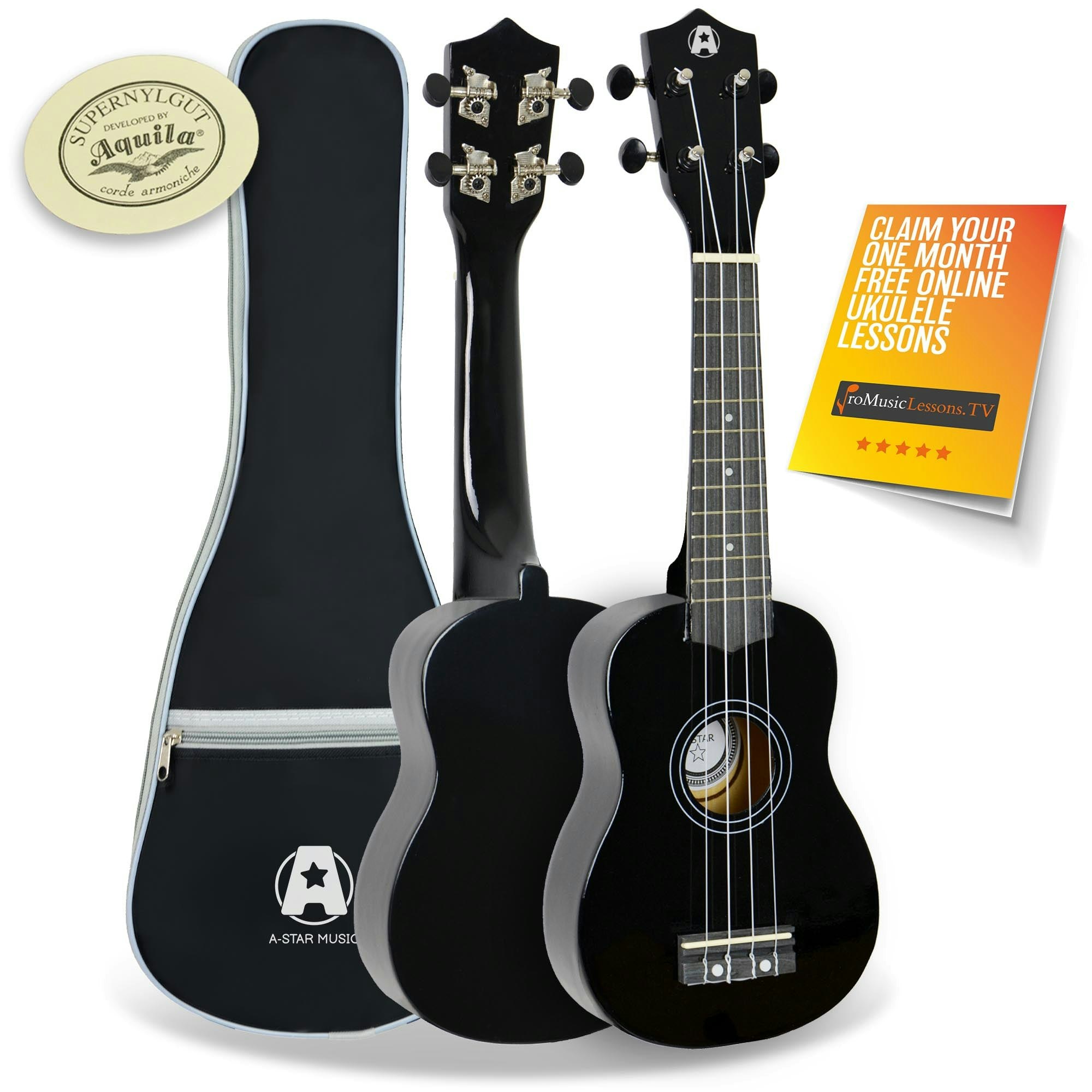 A-Star Black Soprano Ukulele With Aquila Strings And Bag