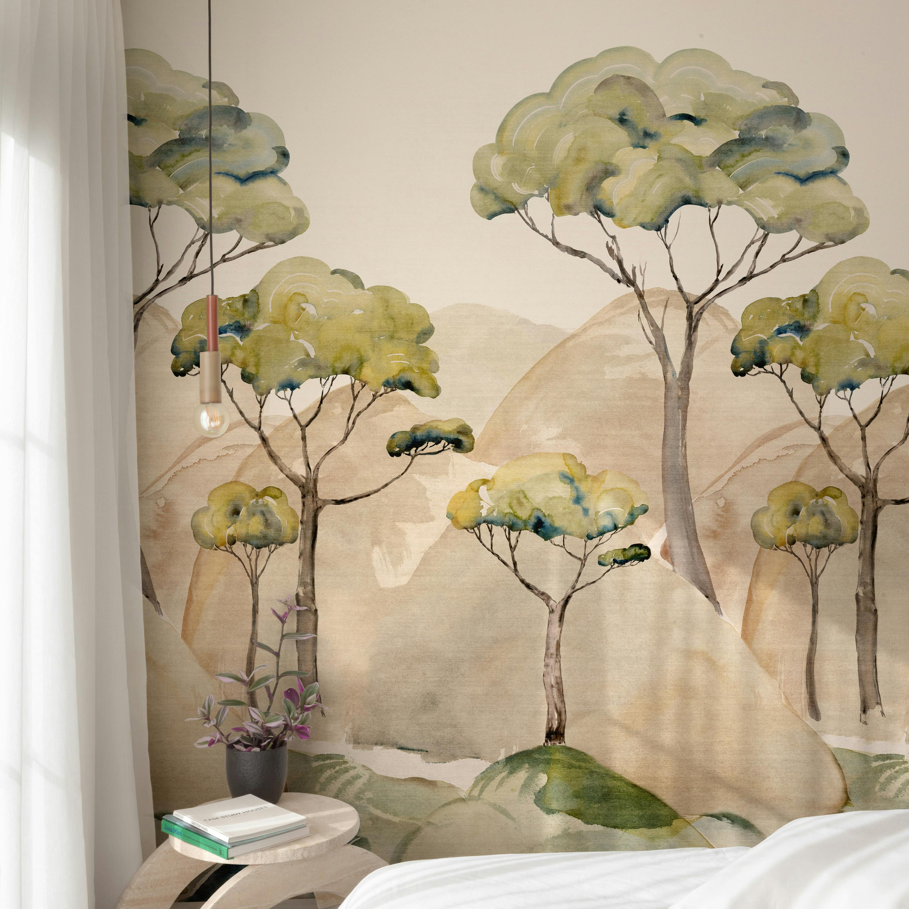 Grandeco Green/Beige Watercolour Ravello Trees Mountain Landscape 3 Panel Repeatable Mural 1.59 X 2.8M,