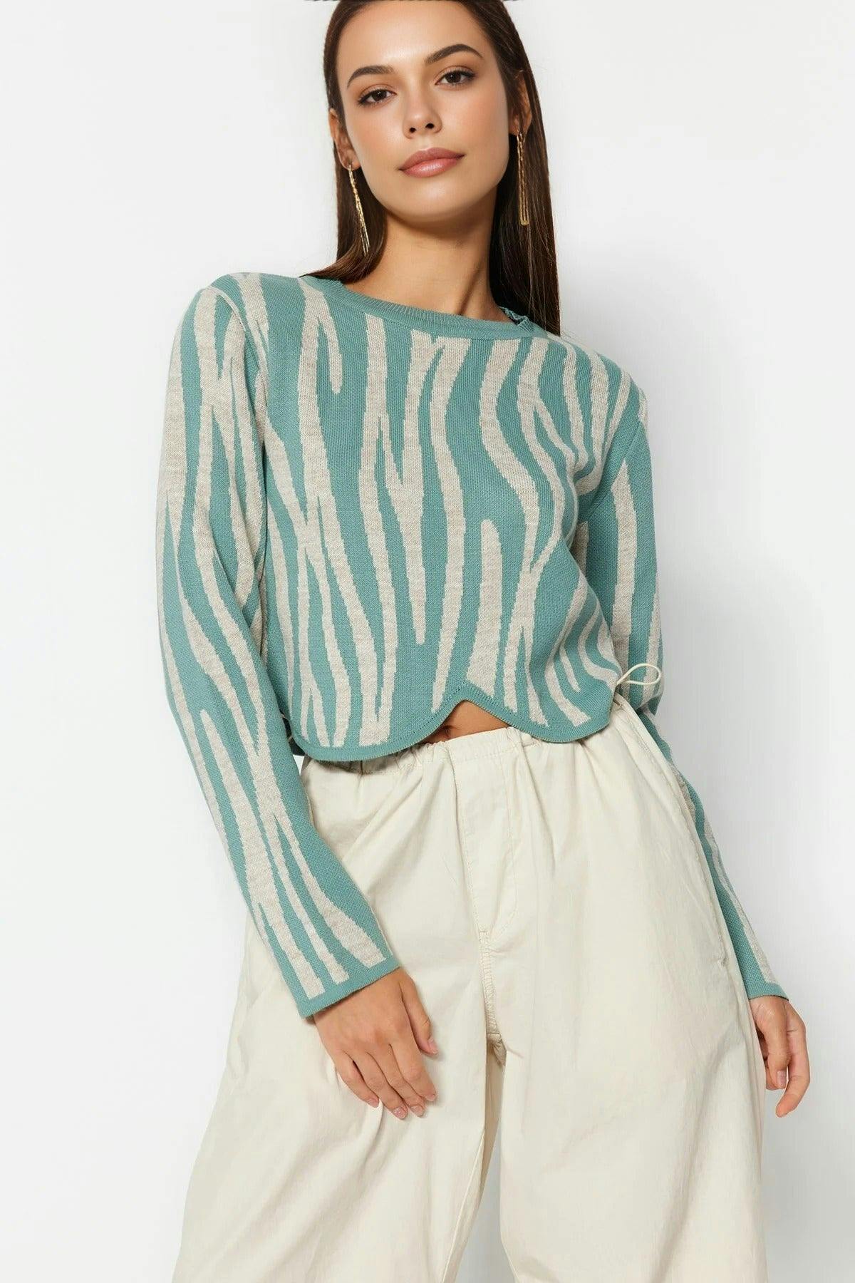Wovcor Crop Zebra Print Color Block Knit Sweater - Mint - M