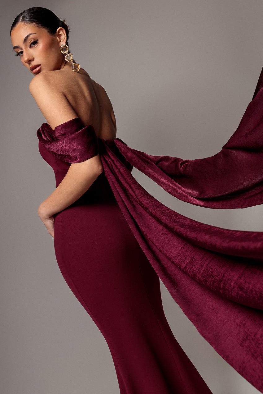 Goddiva Burgundy Off Shoulder Velvet Satin Wing Cape Maxi Dress - By - 10