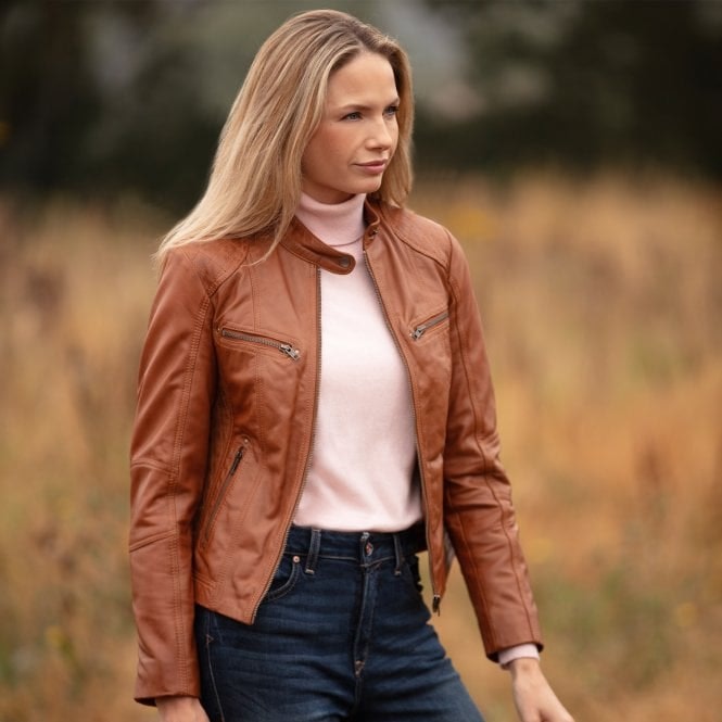 Ashwood Women's Leather Jacket: Awl-1201 - 14 - Tan - Leather