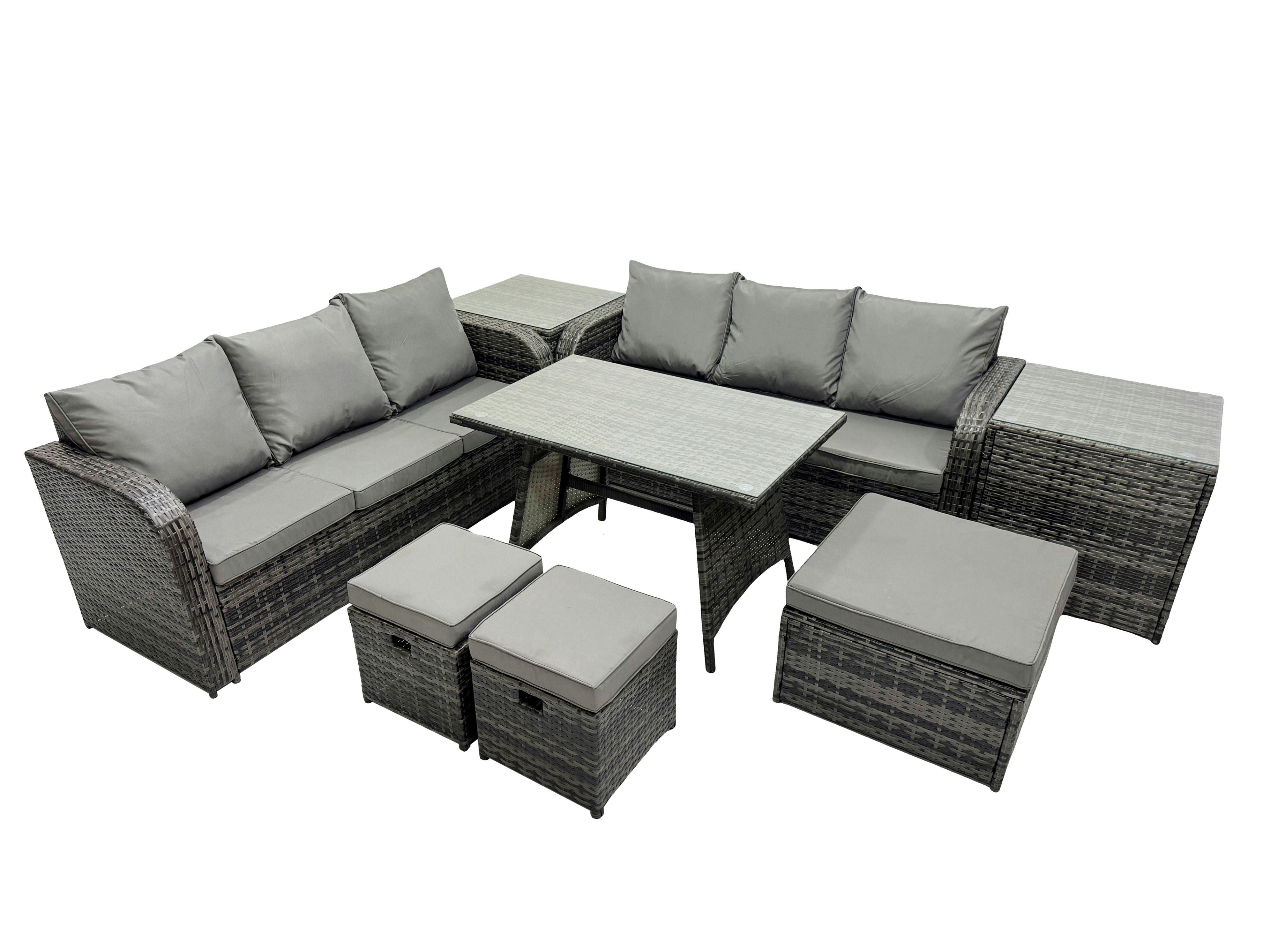 Rackhams Dark/Grey Garden Rattan Outdoor Furniture Set 9 Seater With 3 Seater Sofa 3 Stools 2 Side Table