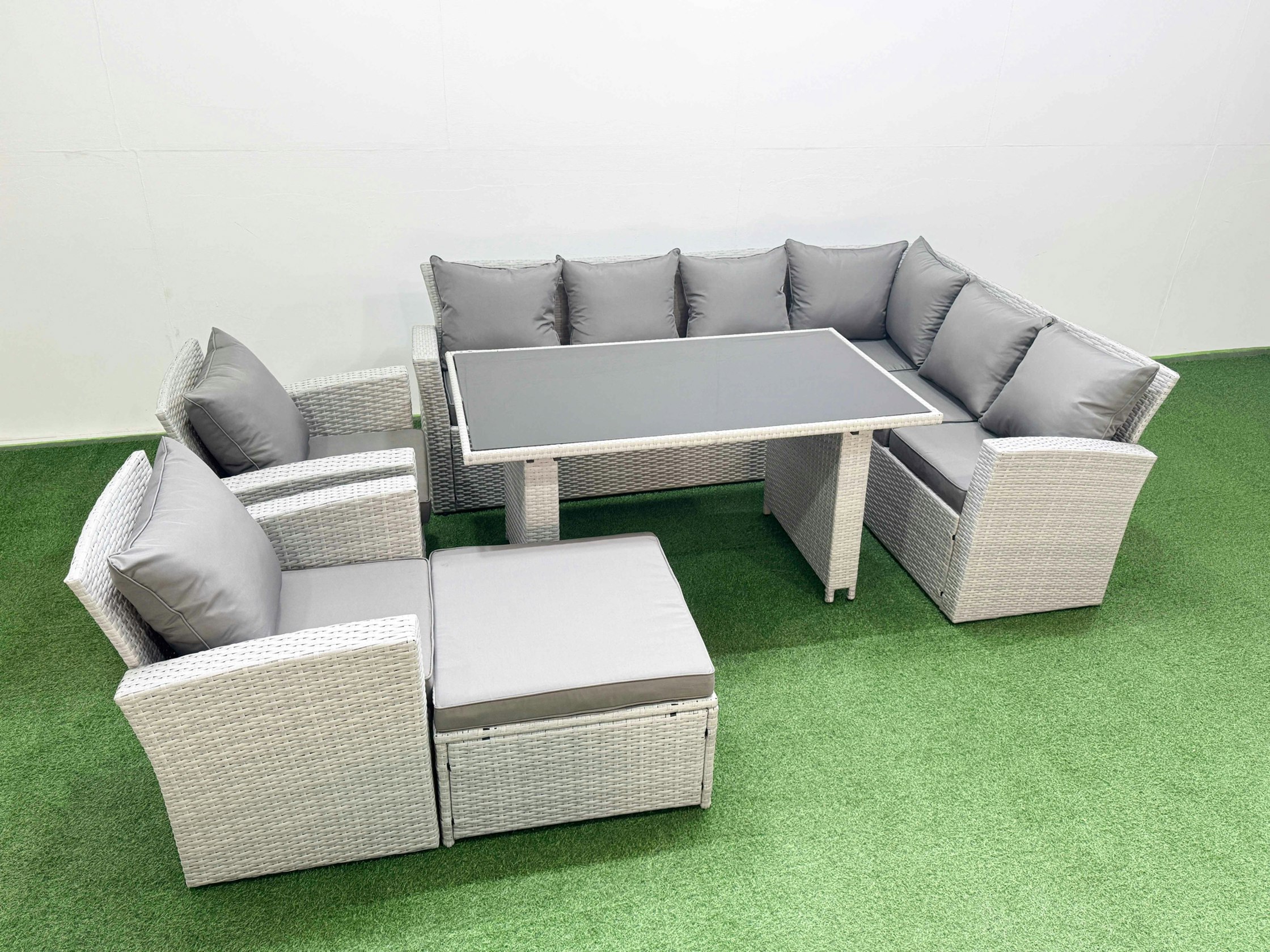 Rackhams Light/Grey Outdoor Garden Furniture Sets 9 Seater Wicker Rattan Corner Sofa Sets With Rectangular Dining Table Lounge Sofa Big Footstool