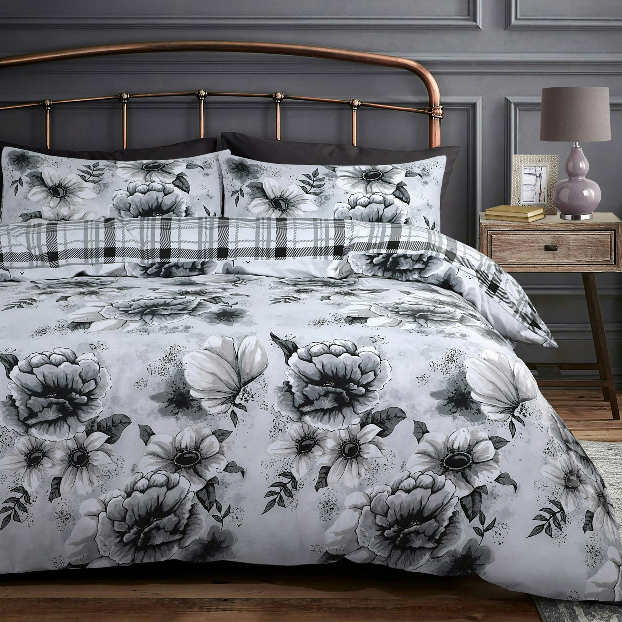 Rackhams Grey Cassia Floral Reversible Printed Cotton Blend Duvet Cover And Pillowcase Set - Single
