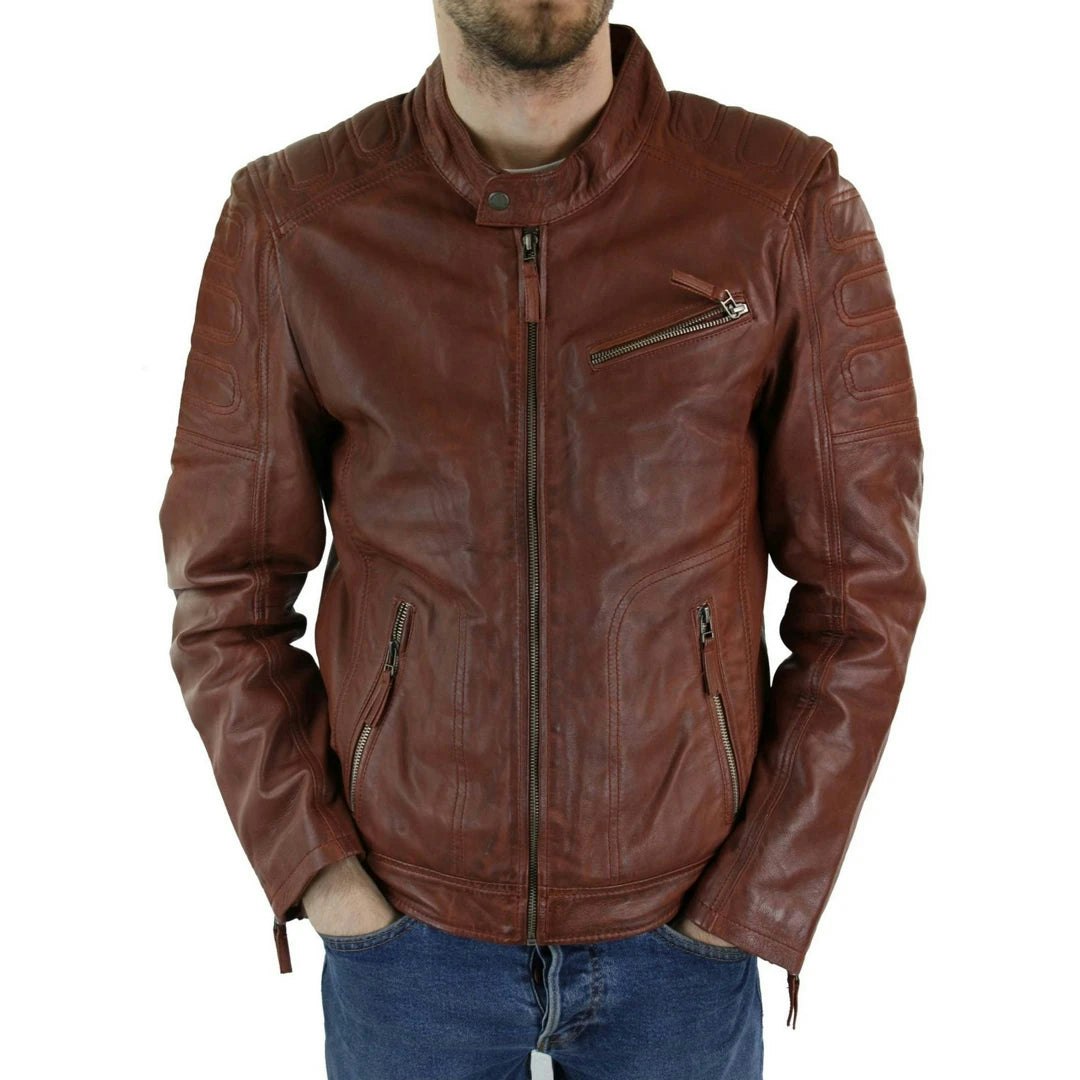 Aviatrix Men's Brown Tan Short Biker Leather Jacket - Small