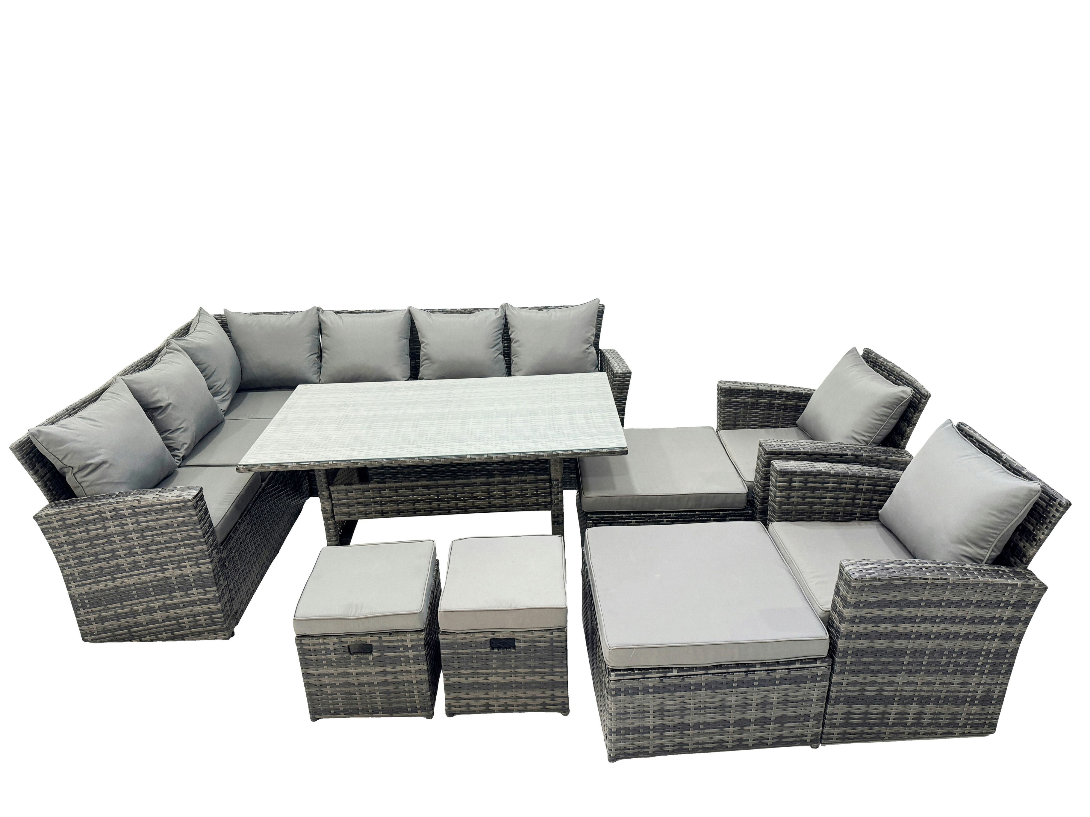 Fimous Dark/Grey 12 Seat Rattan High Back Corner Sofa Set Patio Dining Table Set With 4 Stools 2 Chair Mixed