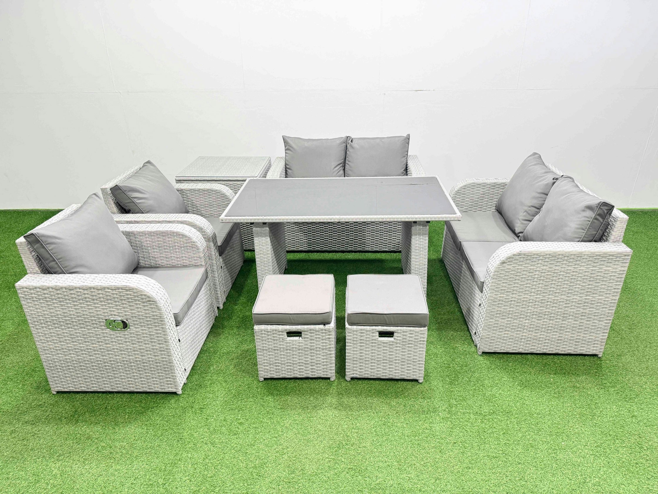 Fimous Light/Grey 8 Pieces Outdoor Pe Rattan Sofa Reclining Chair Set Patio Garden Furniture Sets With Cushions Side Table 2 Small Stools