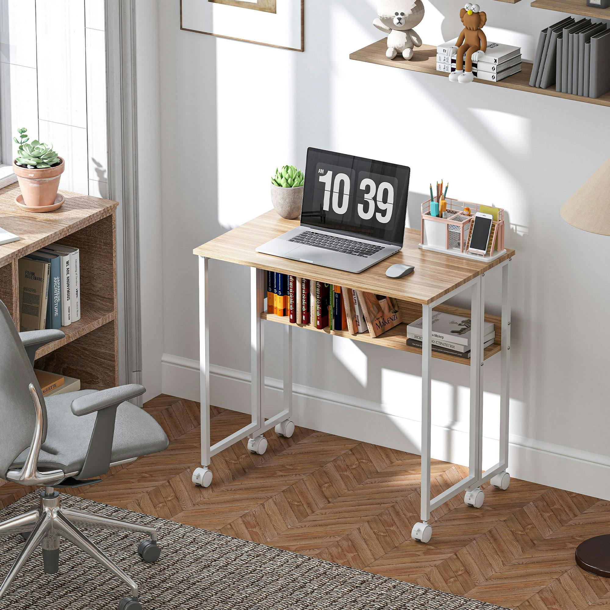 Rackhams White 63 Cm Foldable Computer Desk On Wheels For Small Spaces Natural - 80W X 50D X 75H Cm - Natural Wood Finish,