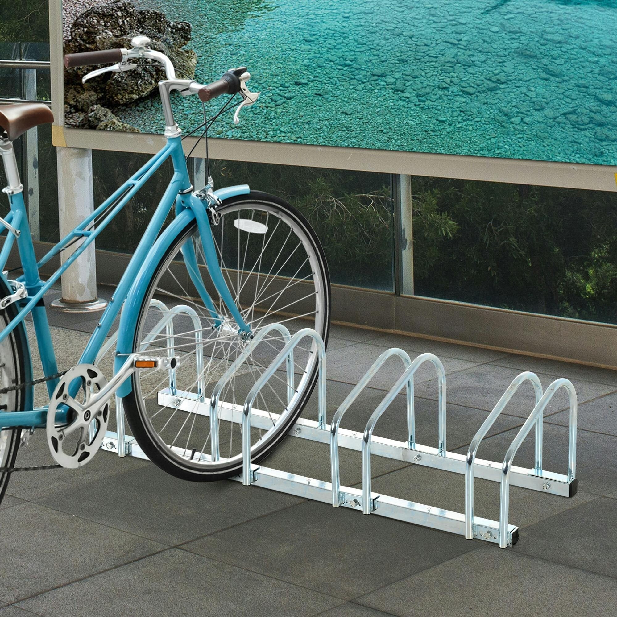 Homcom Silver Bike Parking Rack Bicycle Locking Storage Stand For 5 Cycling