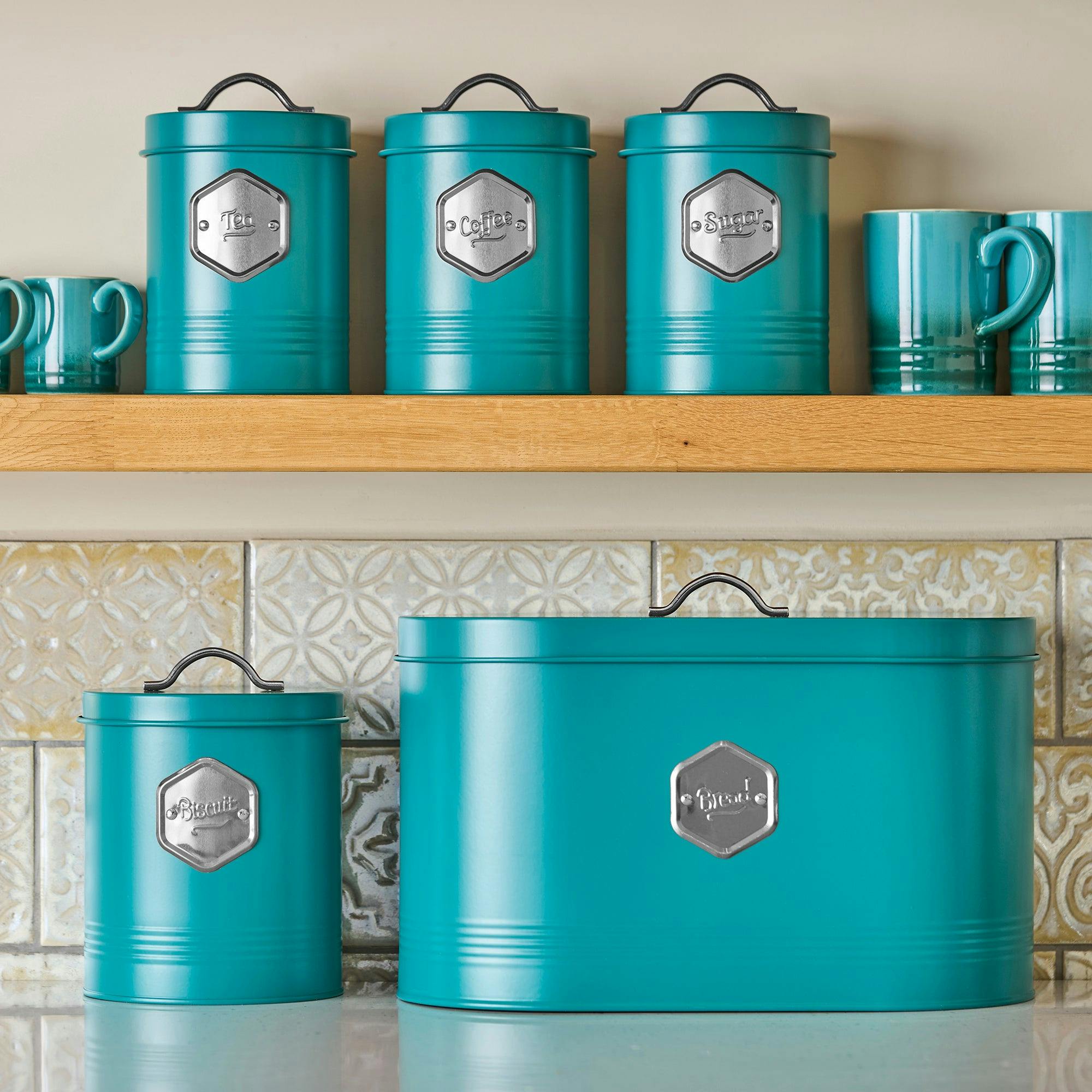 B&Q - 5 Piece Tea Coffee Sugar Bread & Biscuit Cannister SetLabelled Kitchen Storage TinsTeal & Silver - Image 4