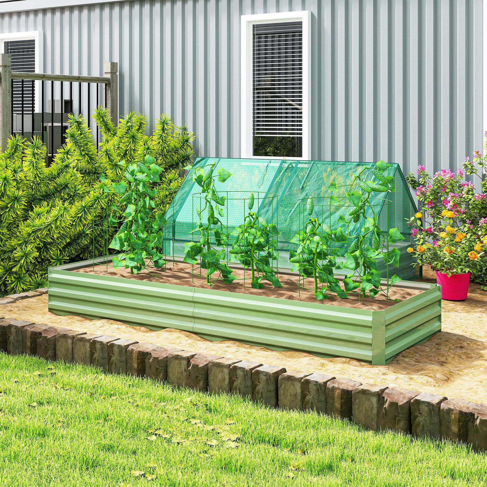 Outsunny Light/Green Galvanised Raised Garden Bed Metal Planter Box,
