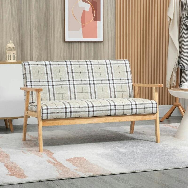 Rackhams Beige Two Seater Sofa W/ Rubber Wood Frame Linen Small Couch - Image 4