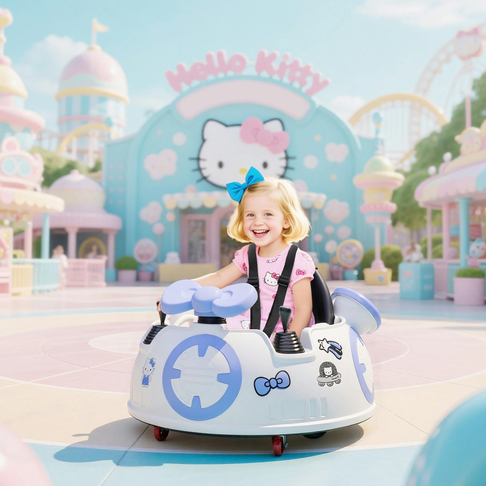 Aiyaplay White Hello Kitty Kids Ride On Bumper Car With Remote Control,