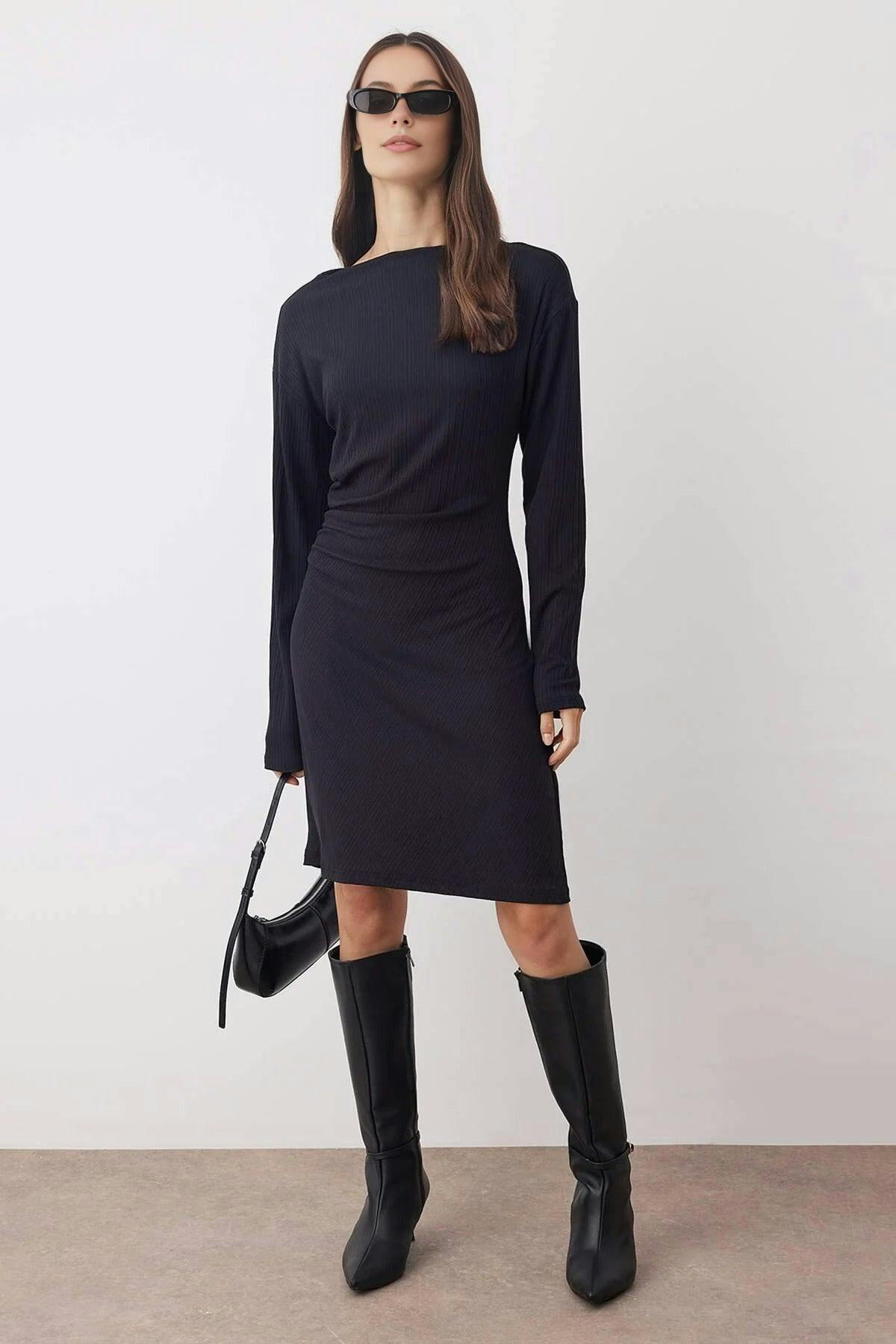 Wovcor Black Draped Mini Knitted Dress - M