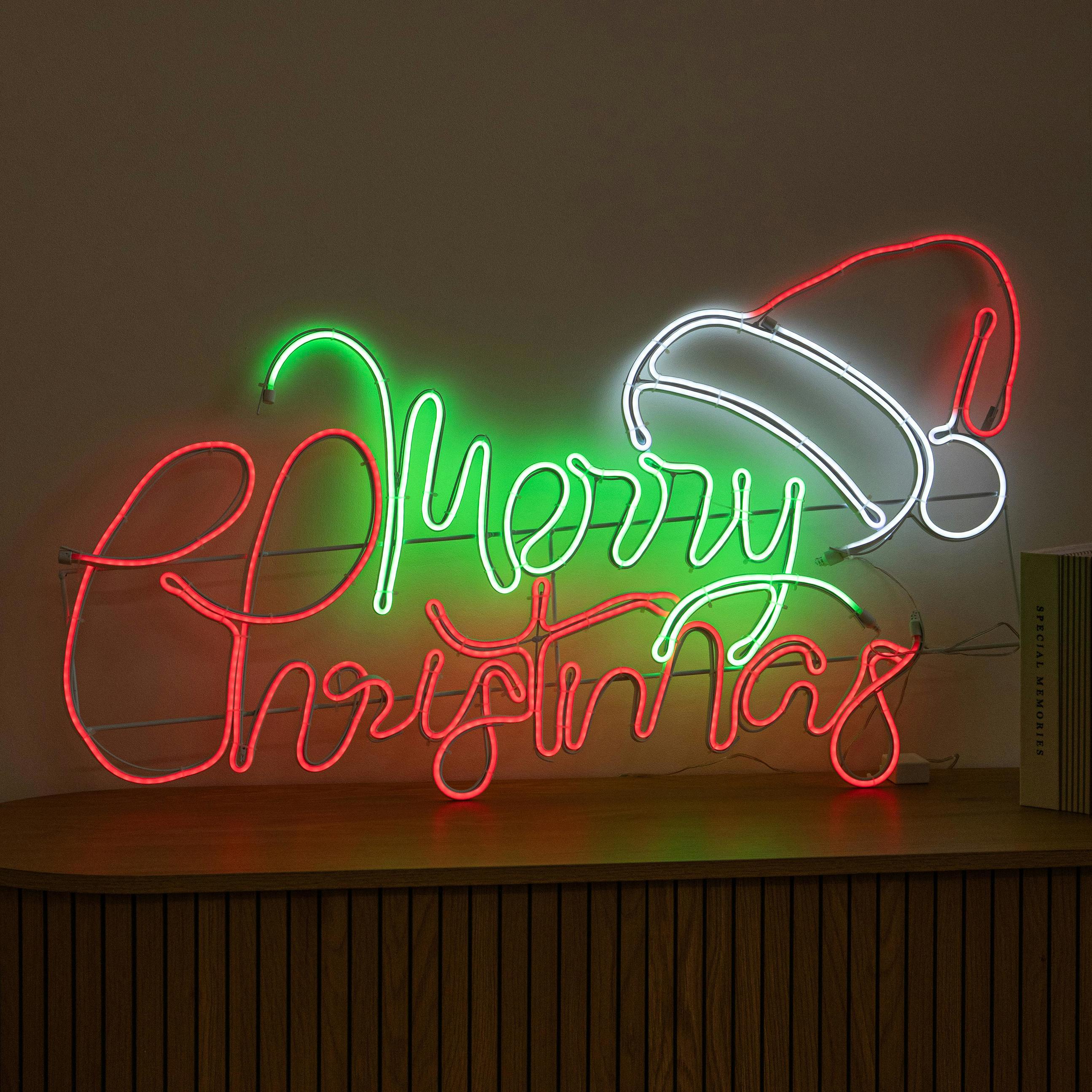 Rackhams Light 94Cm X 53Cm Up Merry Christmas Neon Sign With Flashing Santa Hat