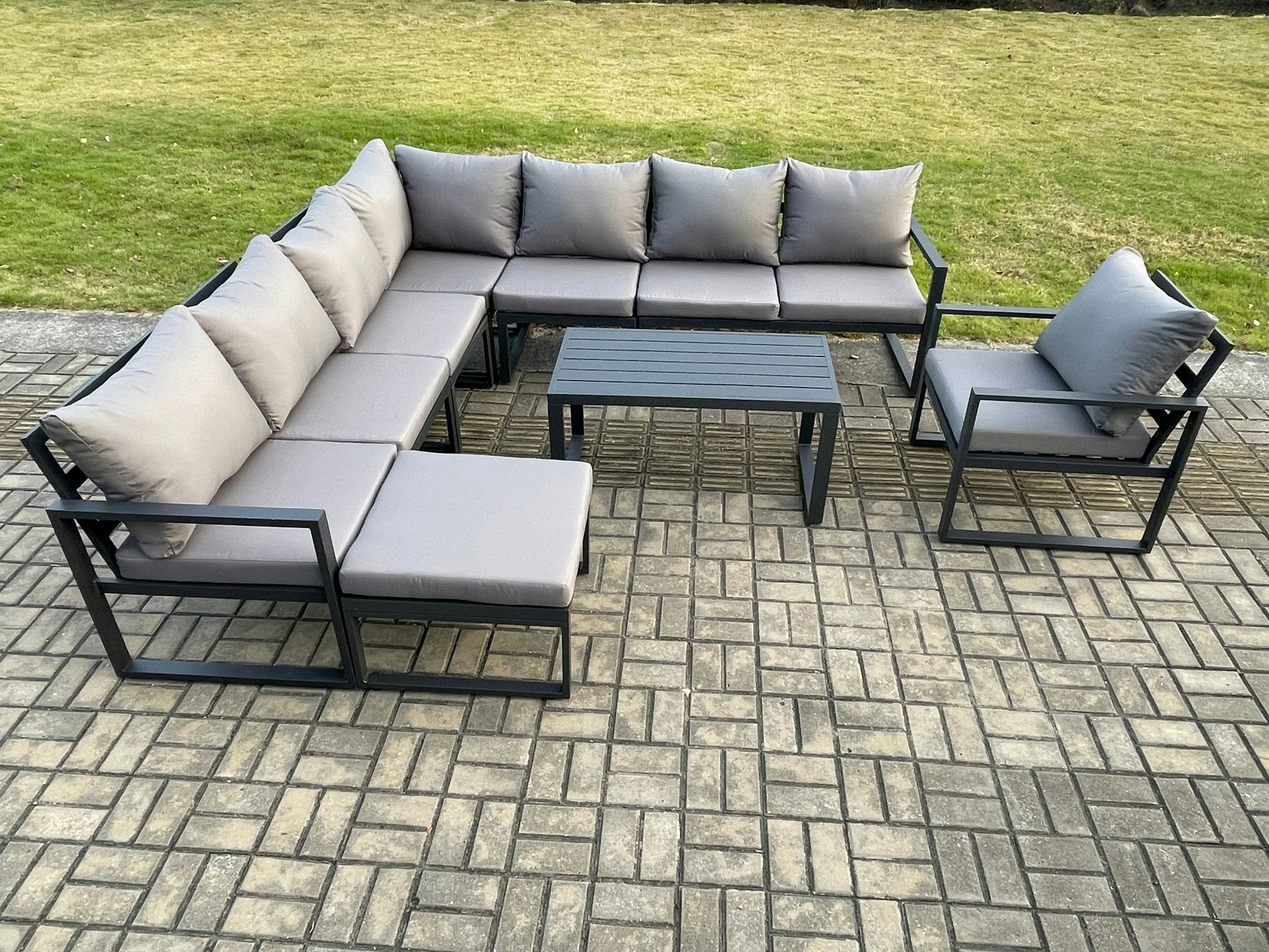 Fimous Dark/Grey Aluminium Patio Outdoor Garden Furniture Lounge Corner Sofa Set With Oblong Coffee Table Big Footstool Chair