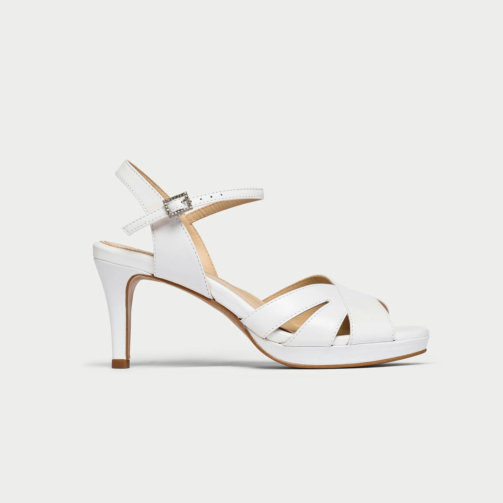 Calla Women's White Emily Heels For Bunions & Wide Feet - Leather With Diamante Buckle - Uk 6.5 / Eu 39.5