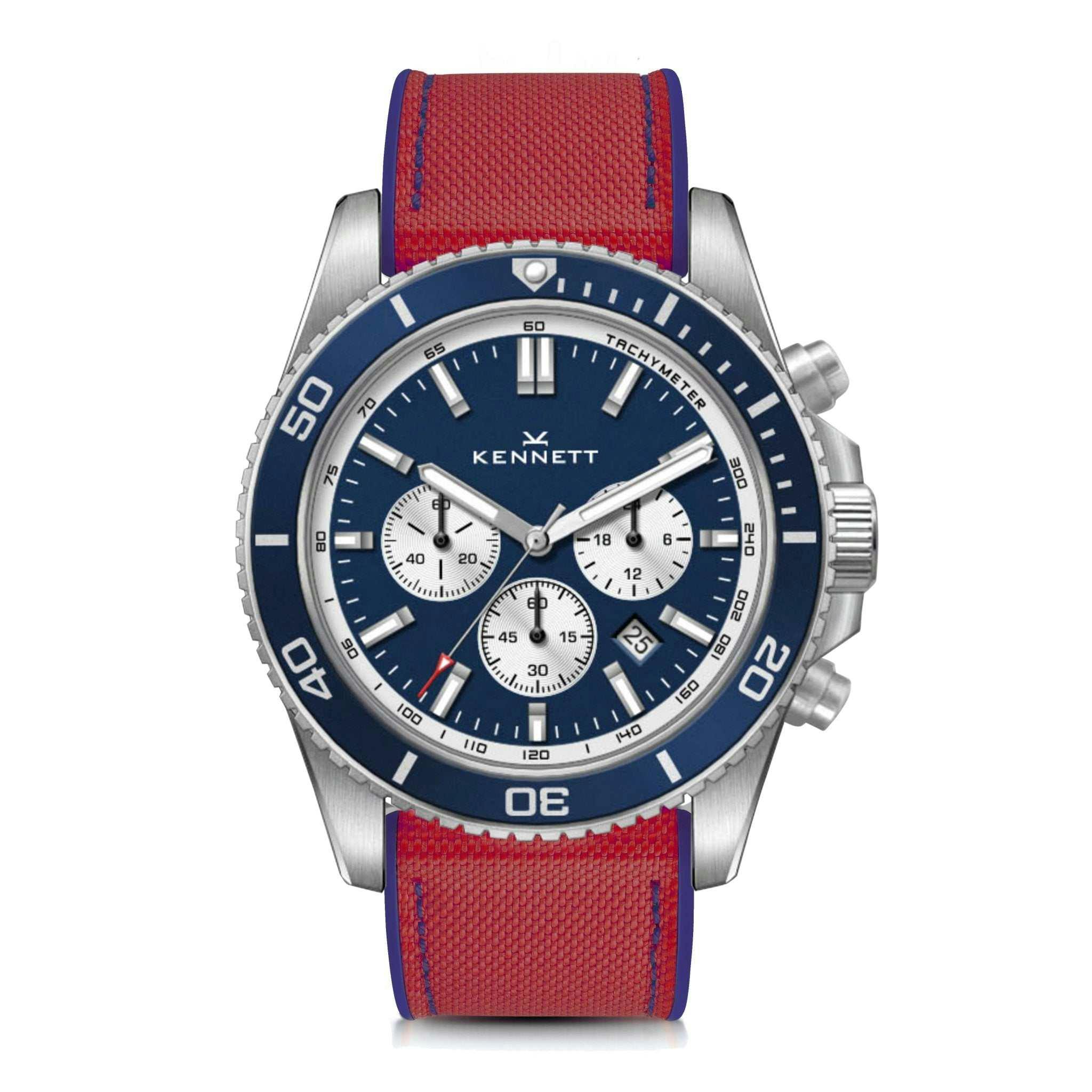 Kennett Red/Blue Pacesetter Chronograph Watch | Nautical Inspi Timepiece - Sailcloth Hybrid Rubber Strap With Stitching With Stitching