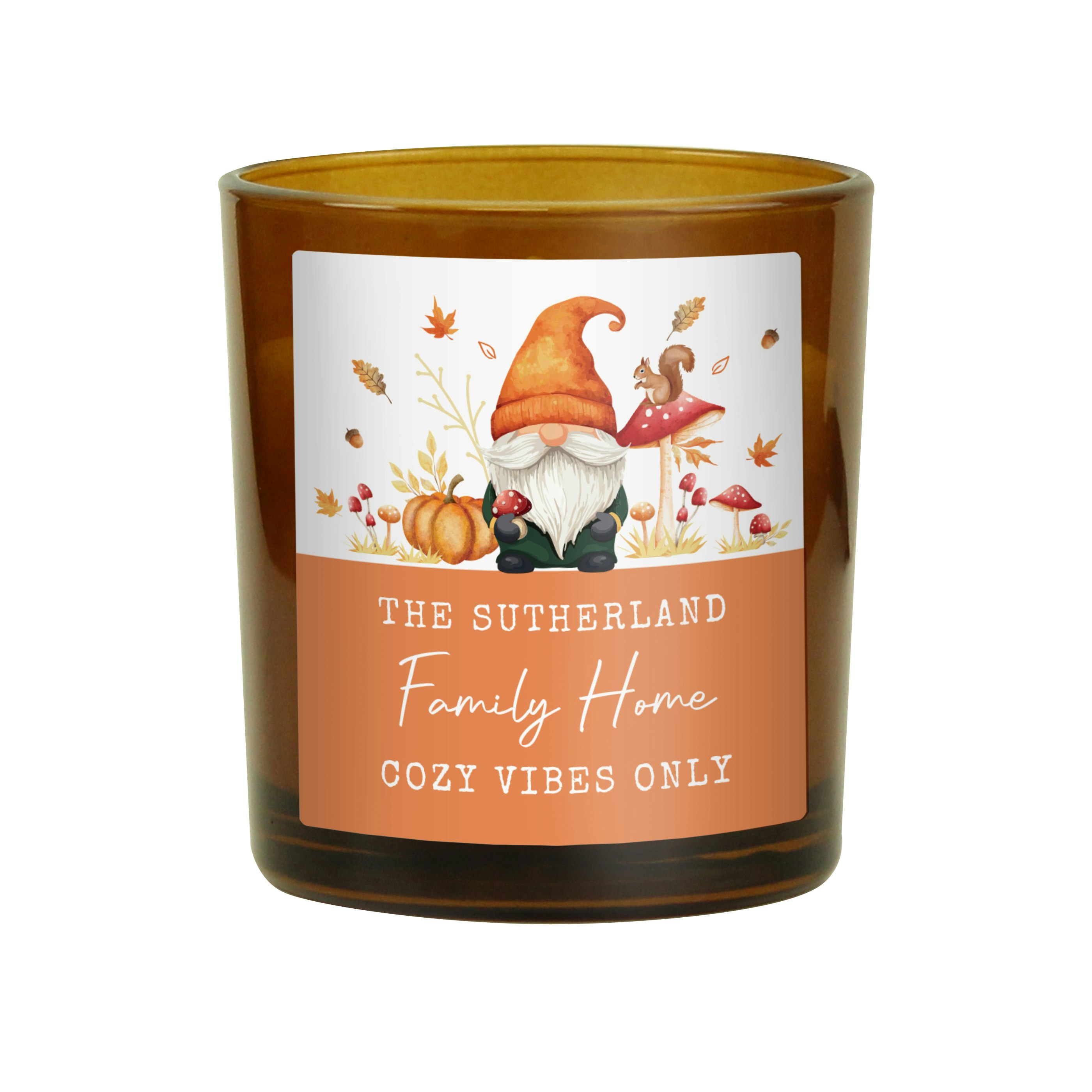 Rackhams Amber Personalised Autumn Gonk Glass Candle