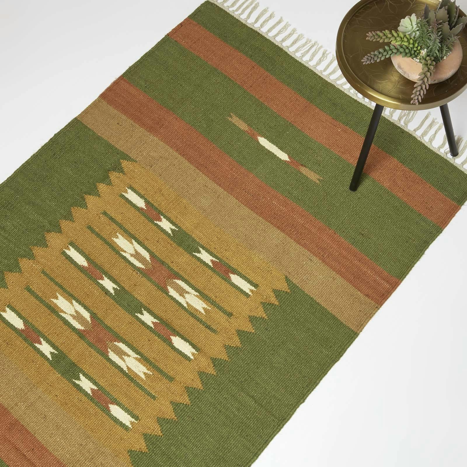 Rackhams Orange/Green Lundi & Kilim Cotton & Jute Rug - 160 X 230 Cm