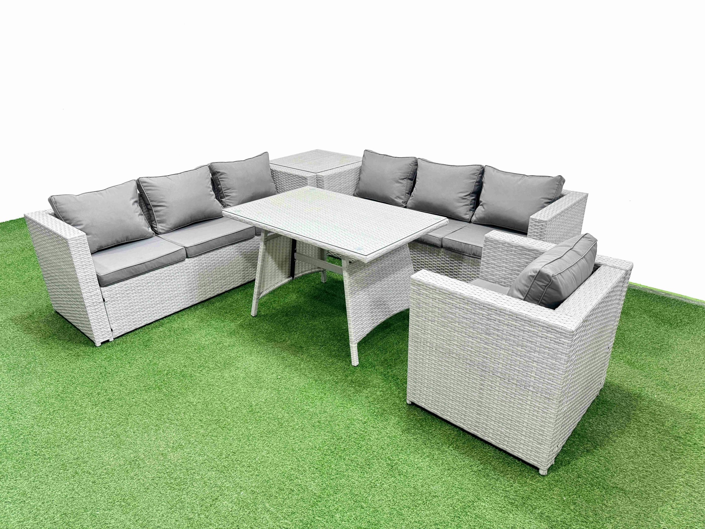 Fimous Light/Grey/Dark Outdoor Rattan Garden Furniture Dining Set 7 Seater Patio Rectangular Table 3 Seater Sofa Armchair Set With Side Table
