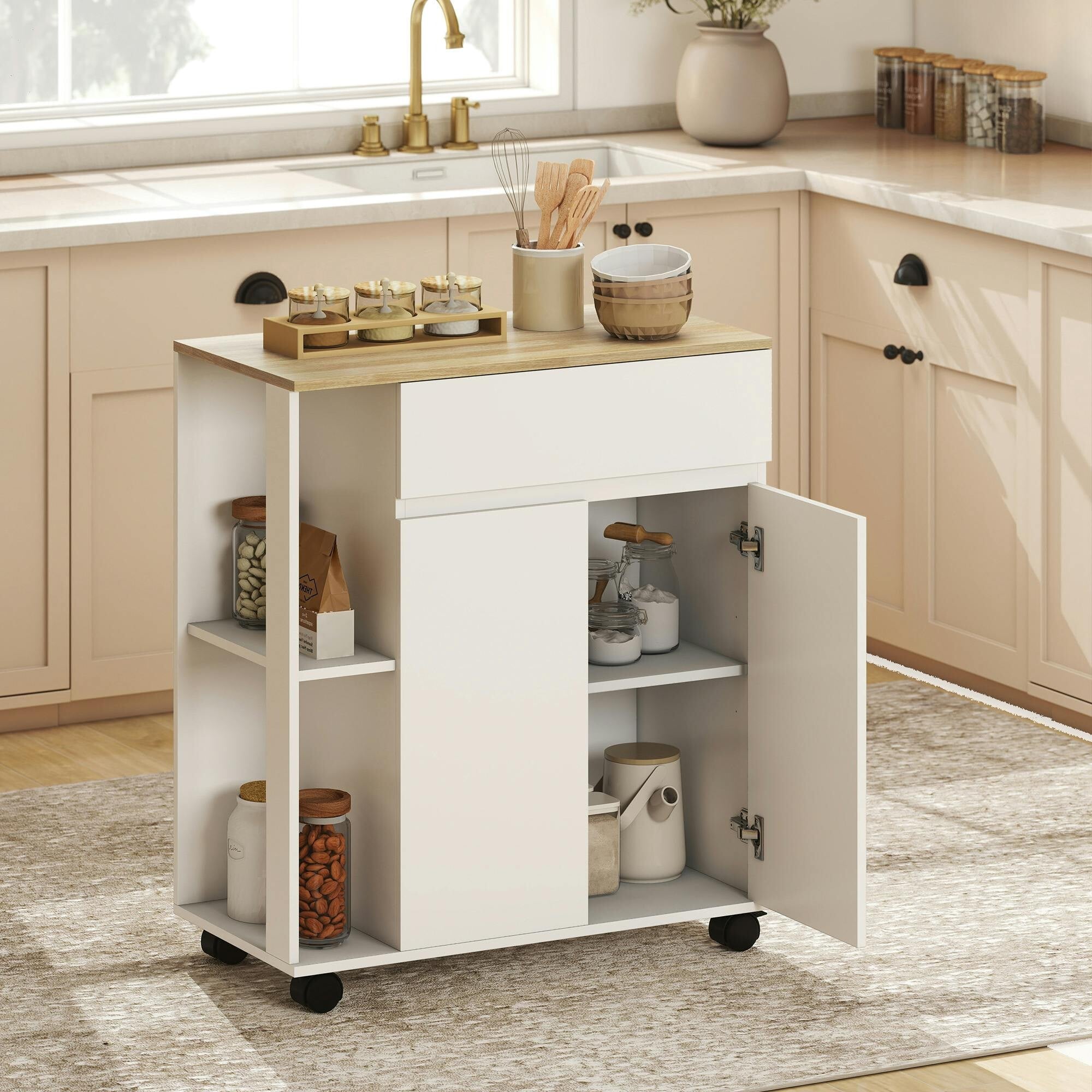 Rackhams White Kitchen Storage Trolley Cart With Drawer And Shelves,