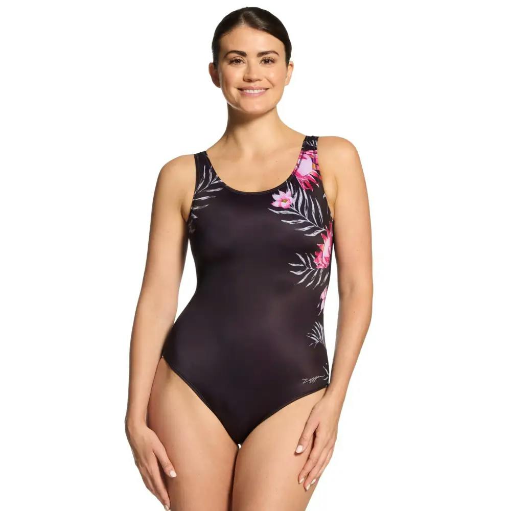 Zoggs Women's Black/Pink Safari Leaf Scoopback Swimsuit - Size Uk 8