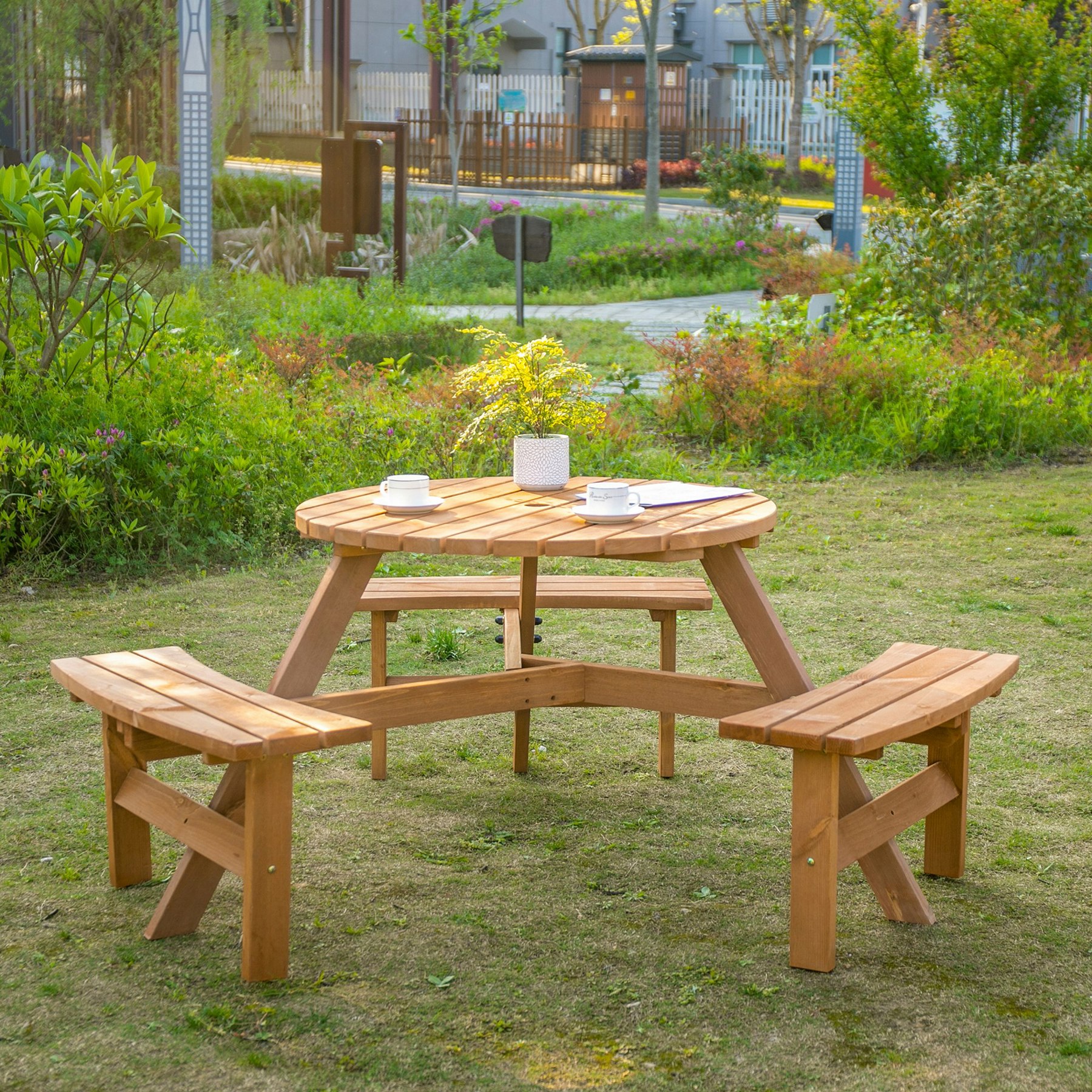 Rackhams Brown 6 Person Fir Wood Table Bench Set Outdoor Garden Patio,