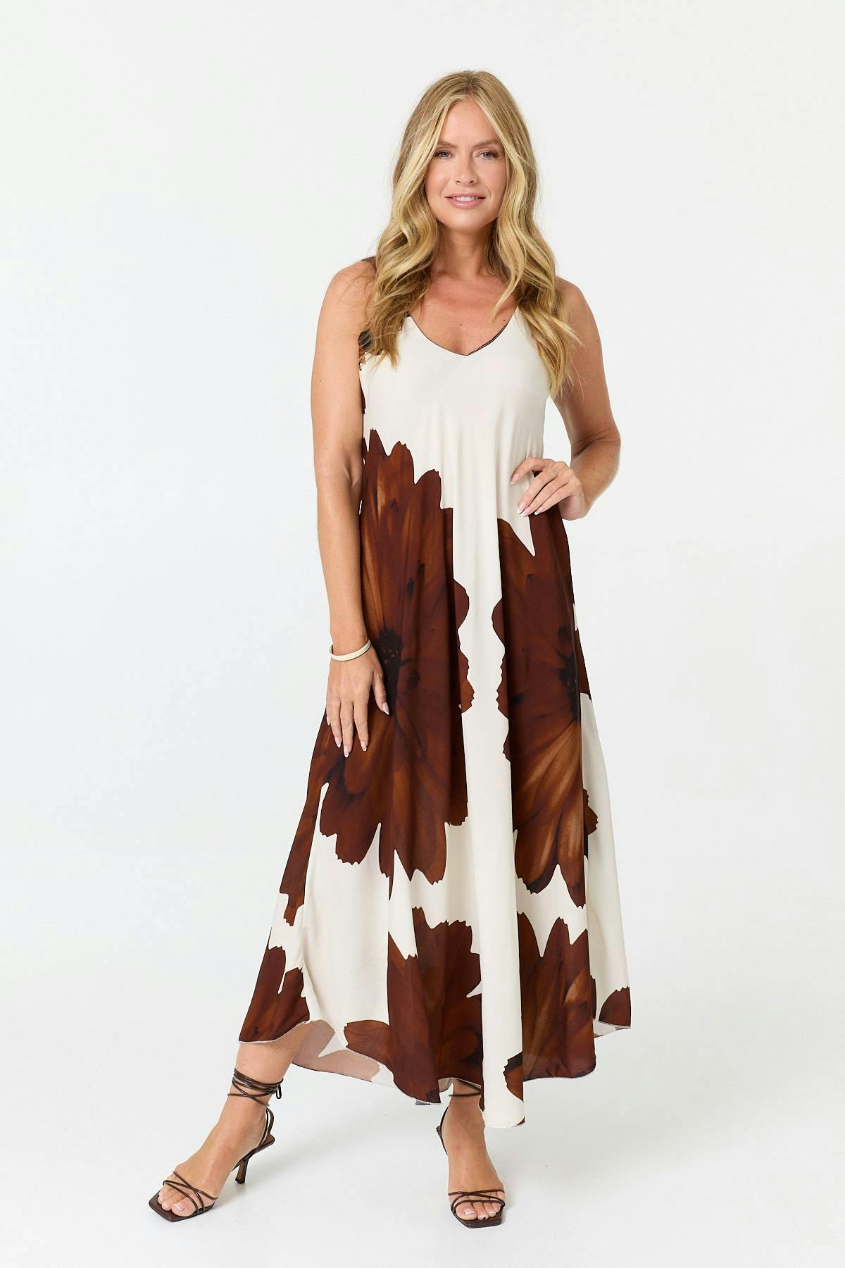 Izabel London Brown Floral Sleeveless Relaxed Maxi Dress - S