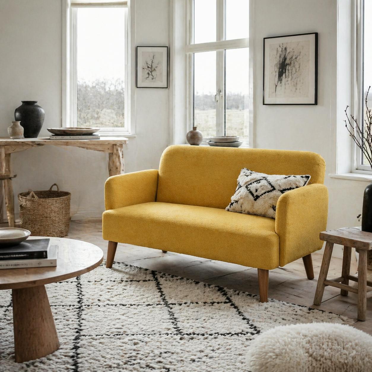 Wyld Haus Yellow Rorore Yoro Velvet Compact 2 Seater Sofa With Extra Thick Padding And Wooden Legs