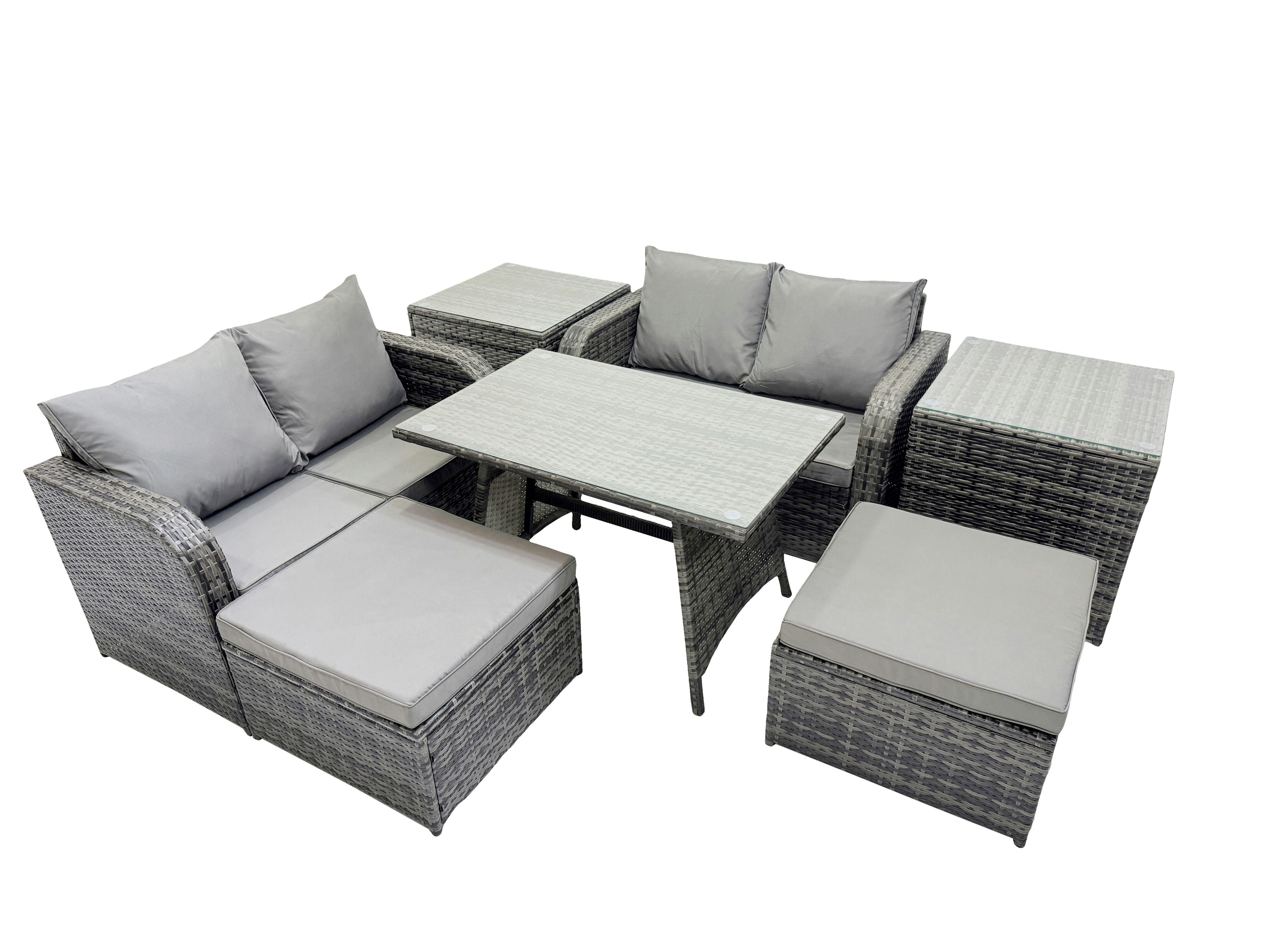 Fimous Dark/Grey 6 Seater Garden Outdoor Rattan Furniture Set Rattan Sofa Oblong Dining Table With 2 Side Table