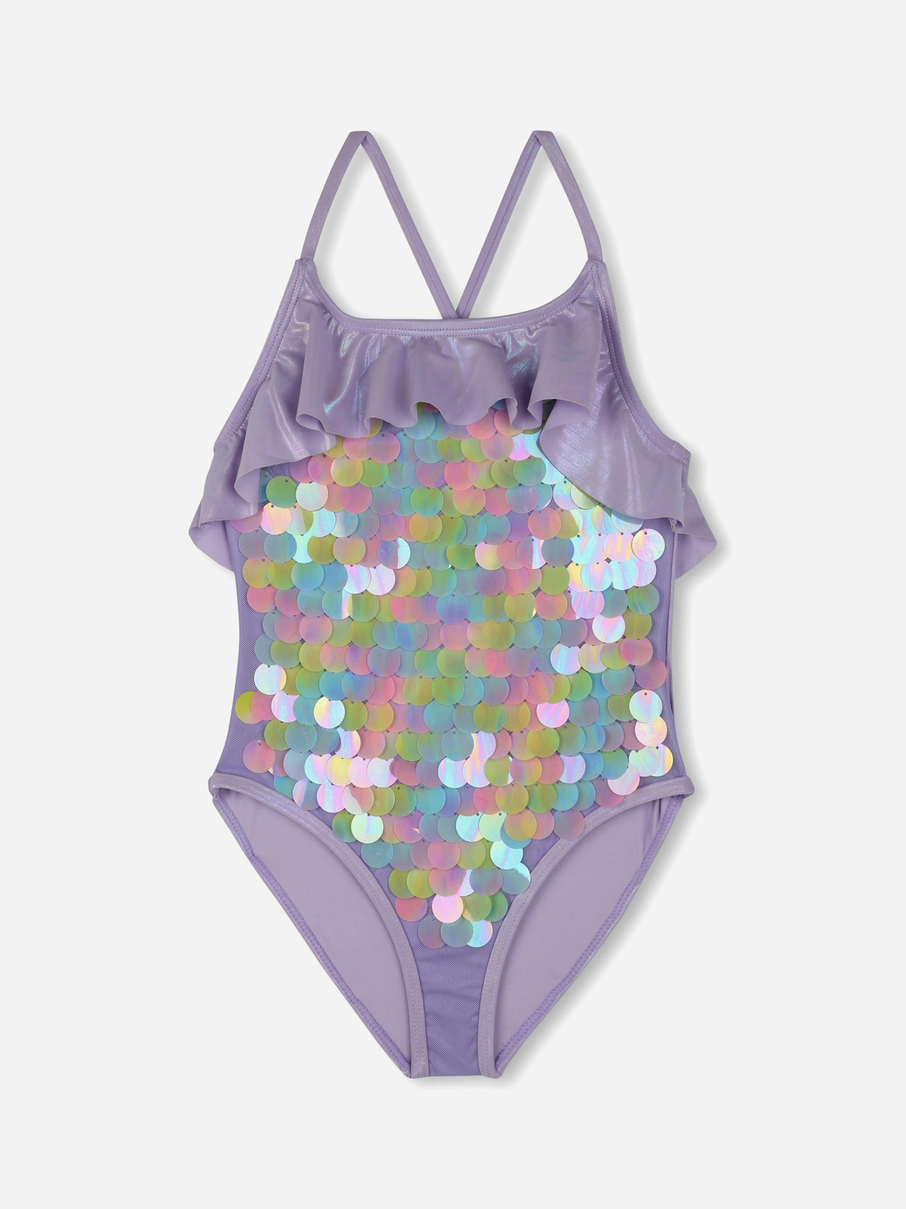 Billieblush Girls White Sequin Ruffle Swimsuit In Multicolour - 12 Yrs