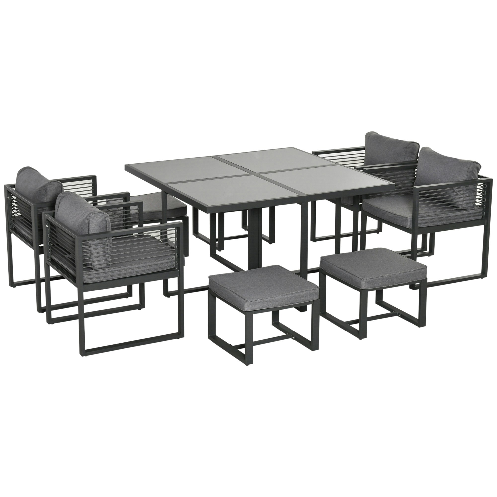 Outsunny Grey 8 Seater Aluminium Garden Dining Cube Set W/ 4 Chairs 4 Footstools - Aluminum, Polyester, Tempered Glass - 126Cm X 126Cm X 72Cm